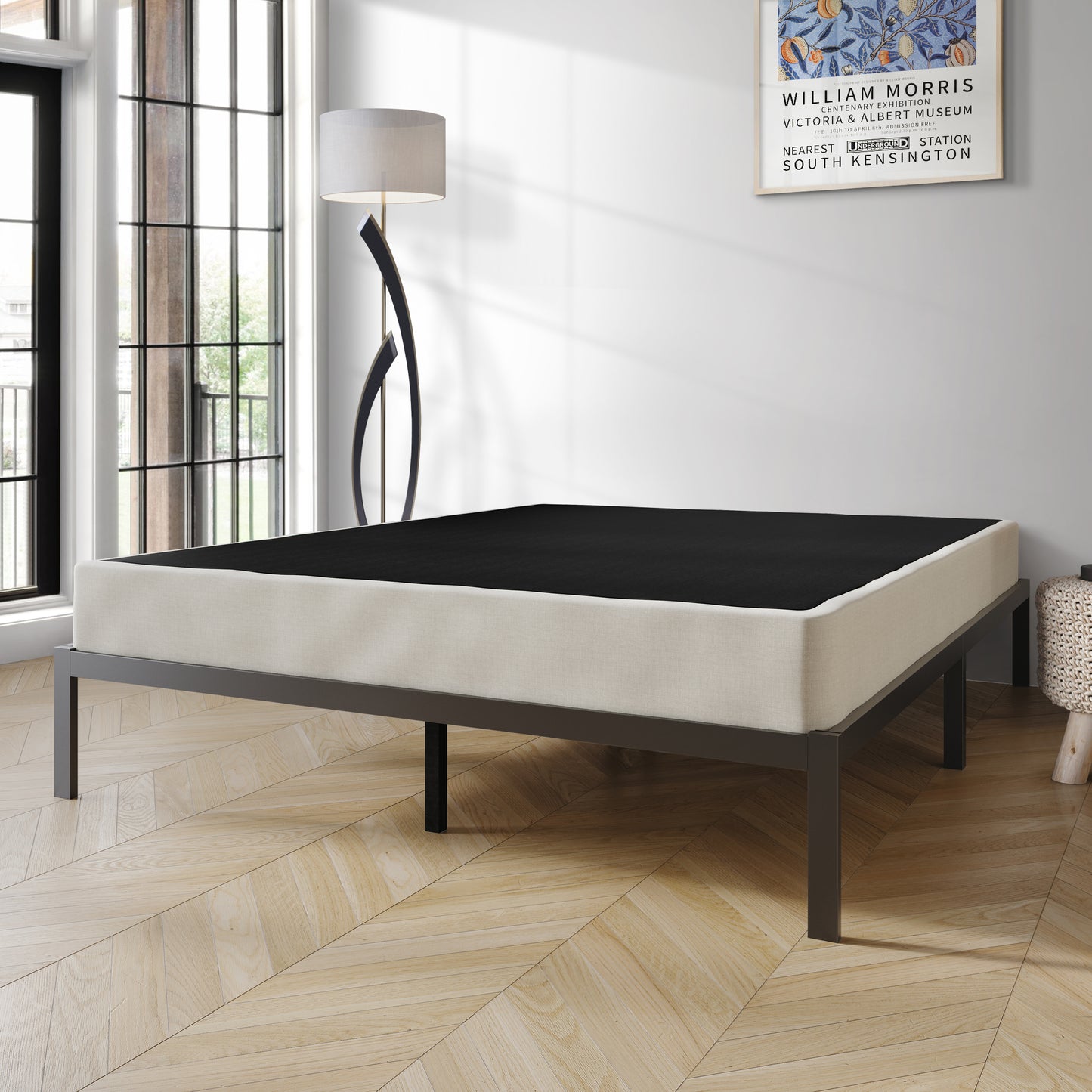 Nickalls Solid Wood 5-Inch Box Spring Foundation with Wood Slats with Warm Grey Linen Cover
