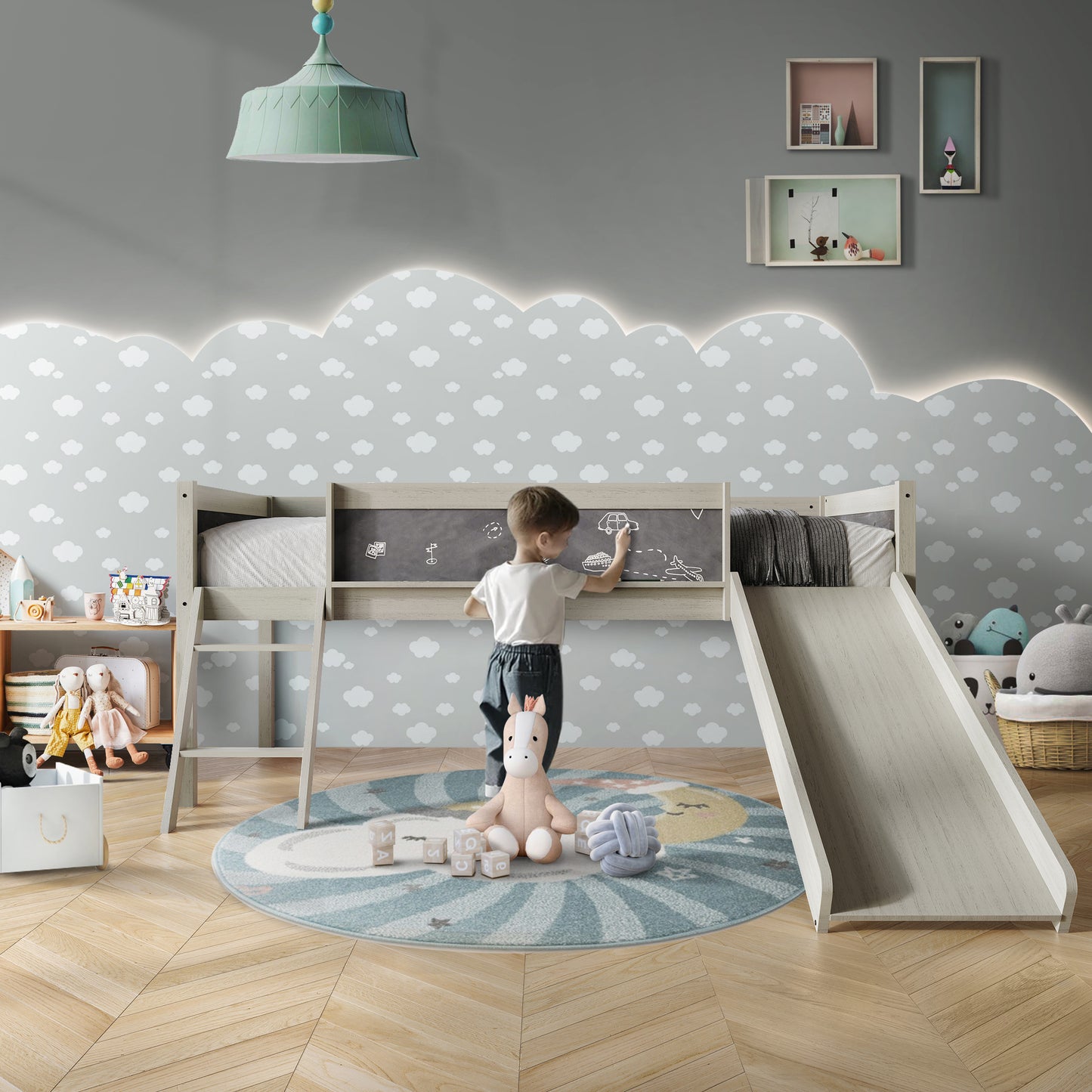 Airielle Twin Low Loft Bed with Chalkboard, Slide and Ladder