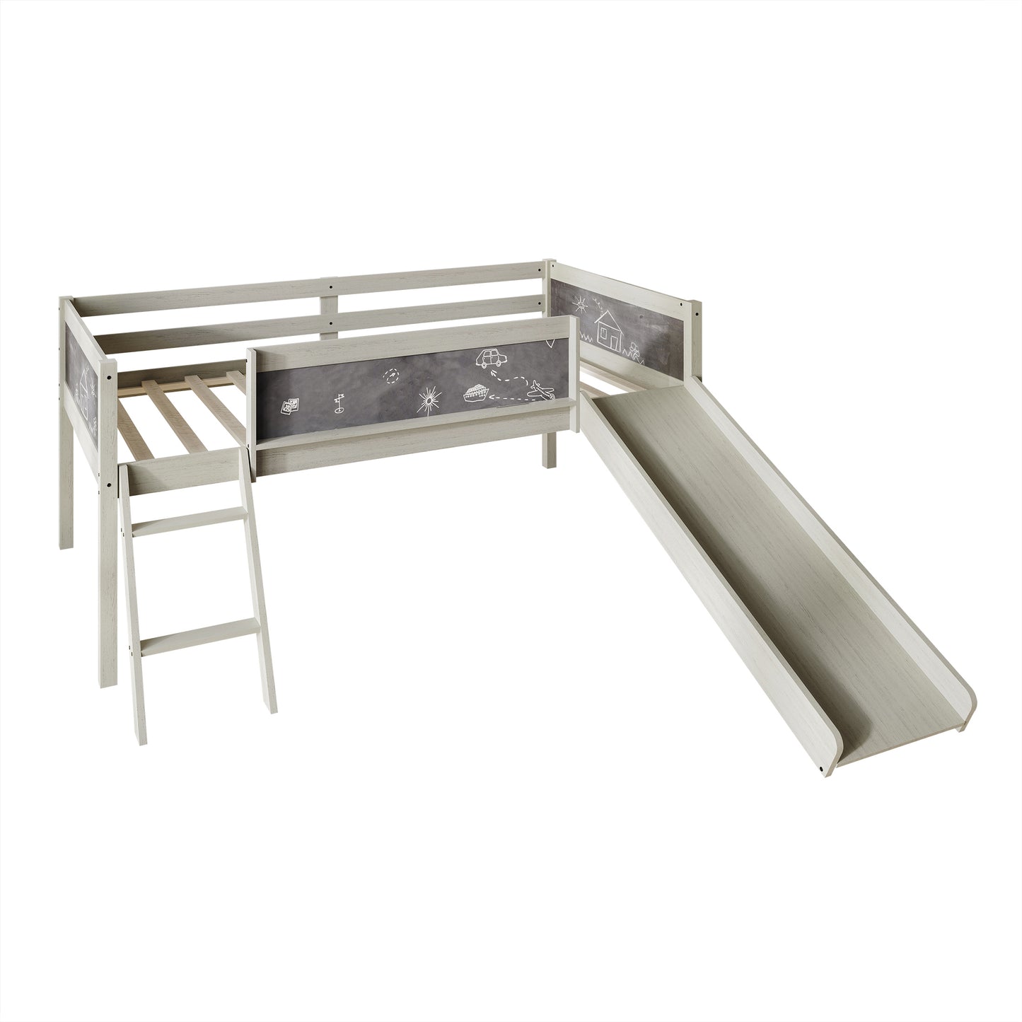 Airielle Twin Low Loft Bed with Chalkboard, Slide and Ladder