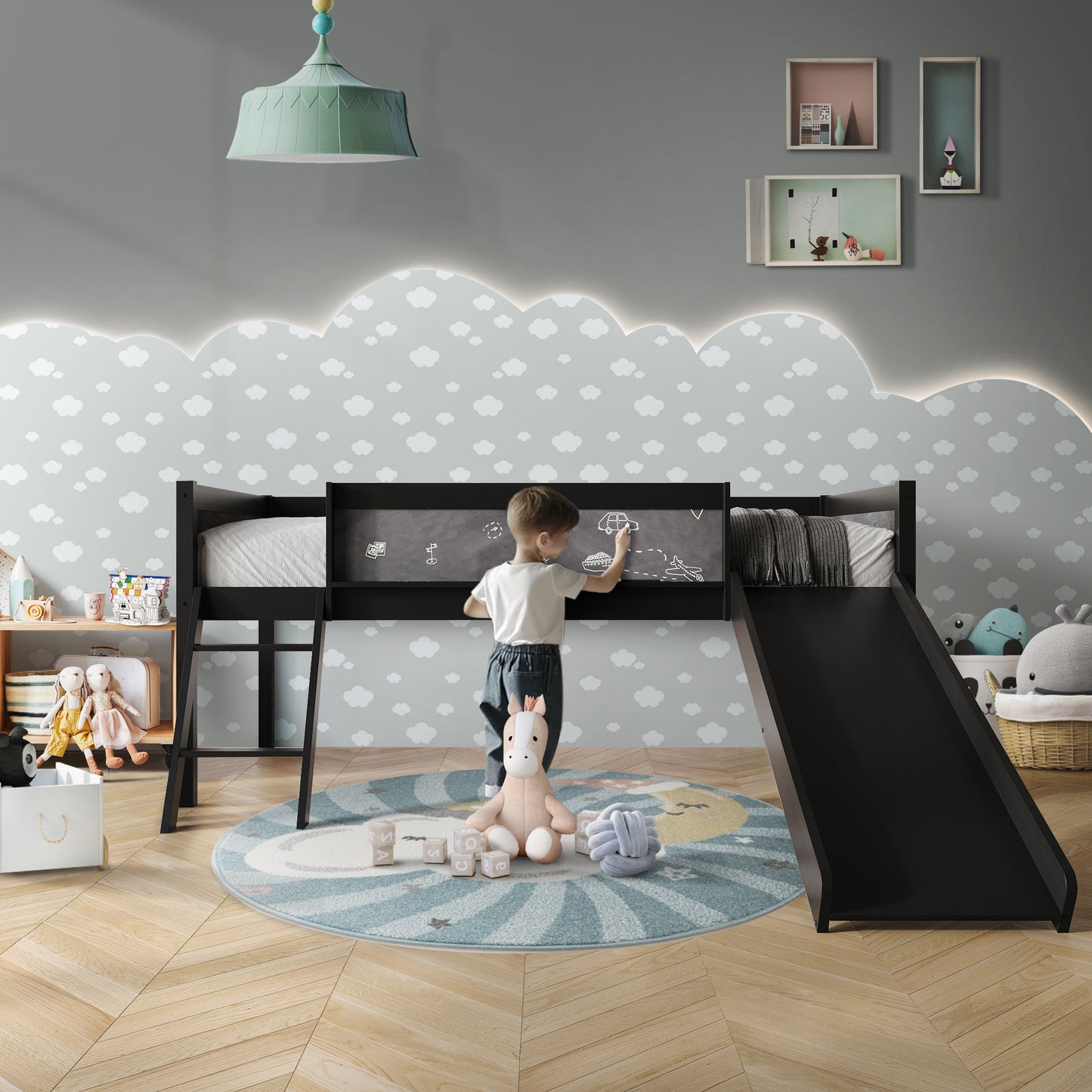 Airielle Twin Low Loft Bed with Chalkboard, Slide and Ladder
