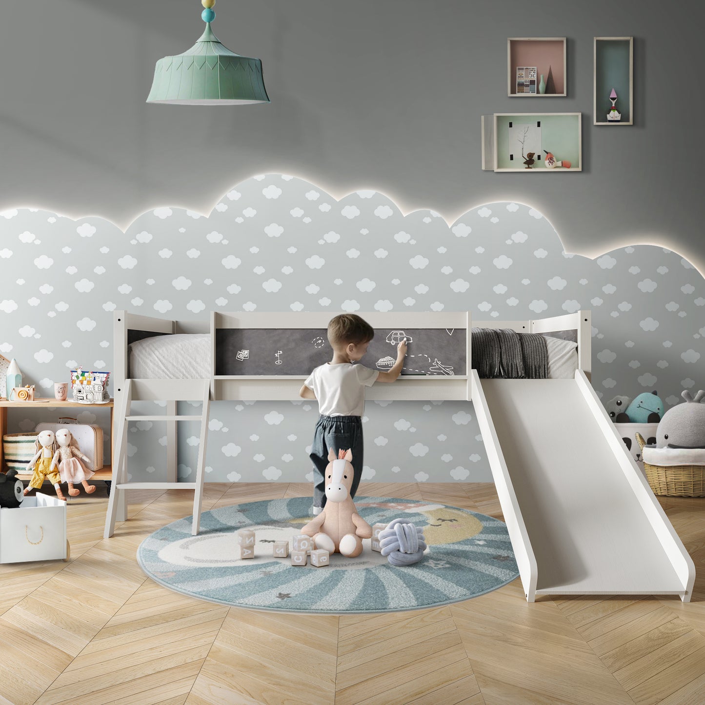 Airielle Twin Low Loft Bed with Chalkboard, Slide and Ladder