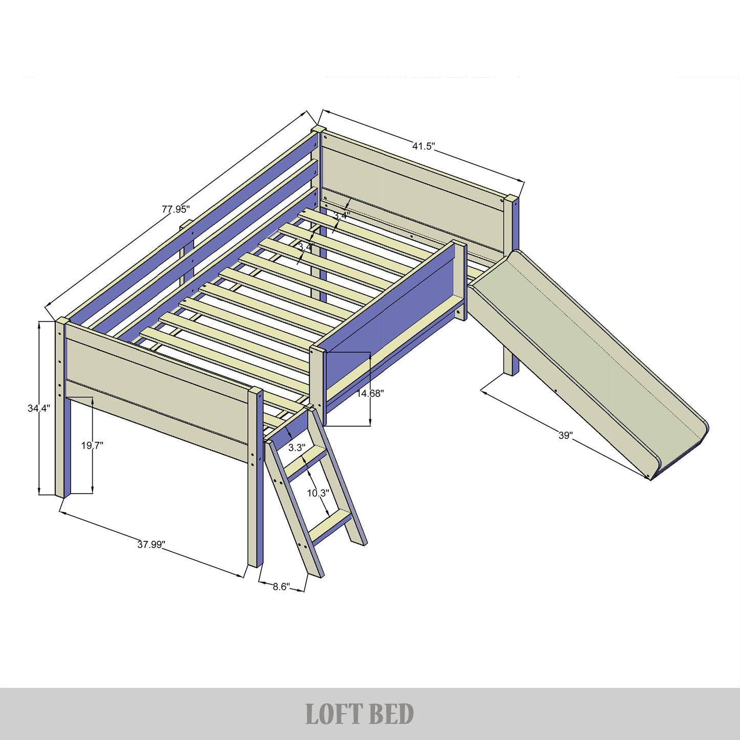 Airielle Twin Low Loft Bed with Chalkboard, Slide and Ladder
