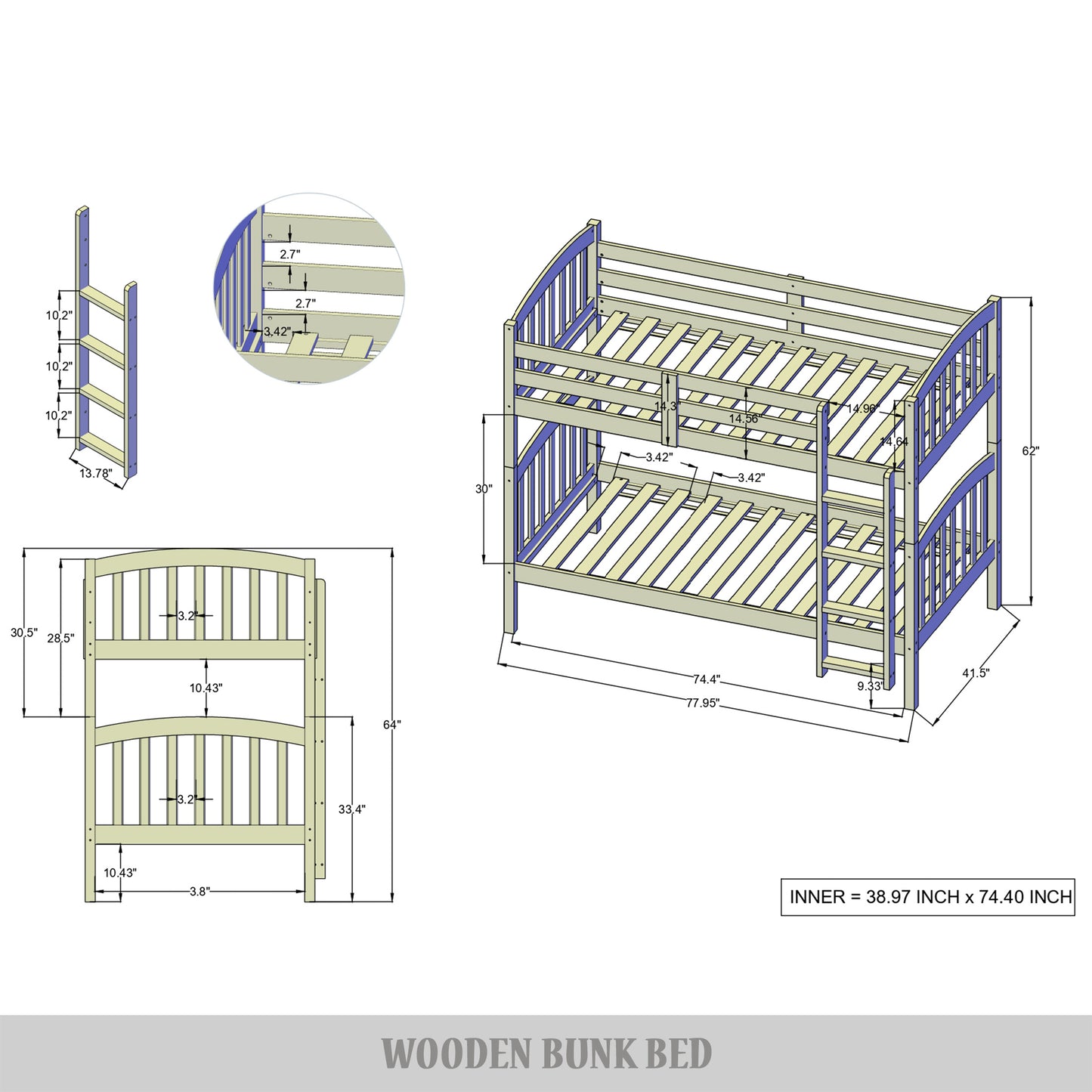 Jeeven Mid-Century Twin Over Twin Bunk Bed