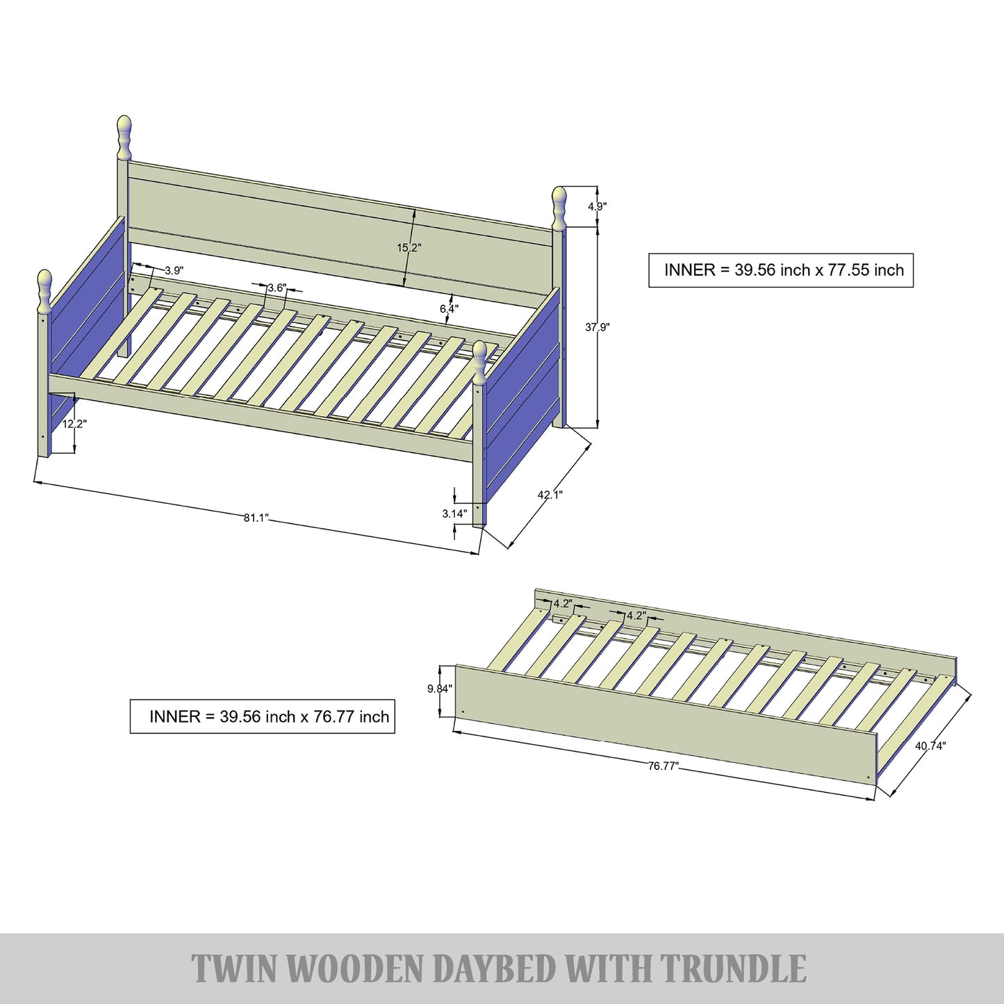 Nyagoa Mid-Century Modern Wooden Twin Size Daybed With Trundle