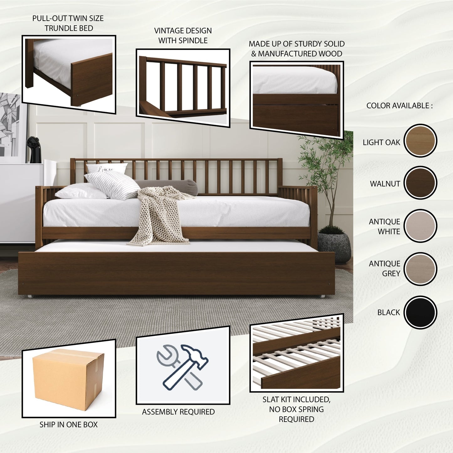 Odean Wooden Twin Size Daybed With Trundle