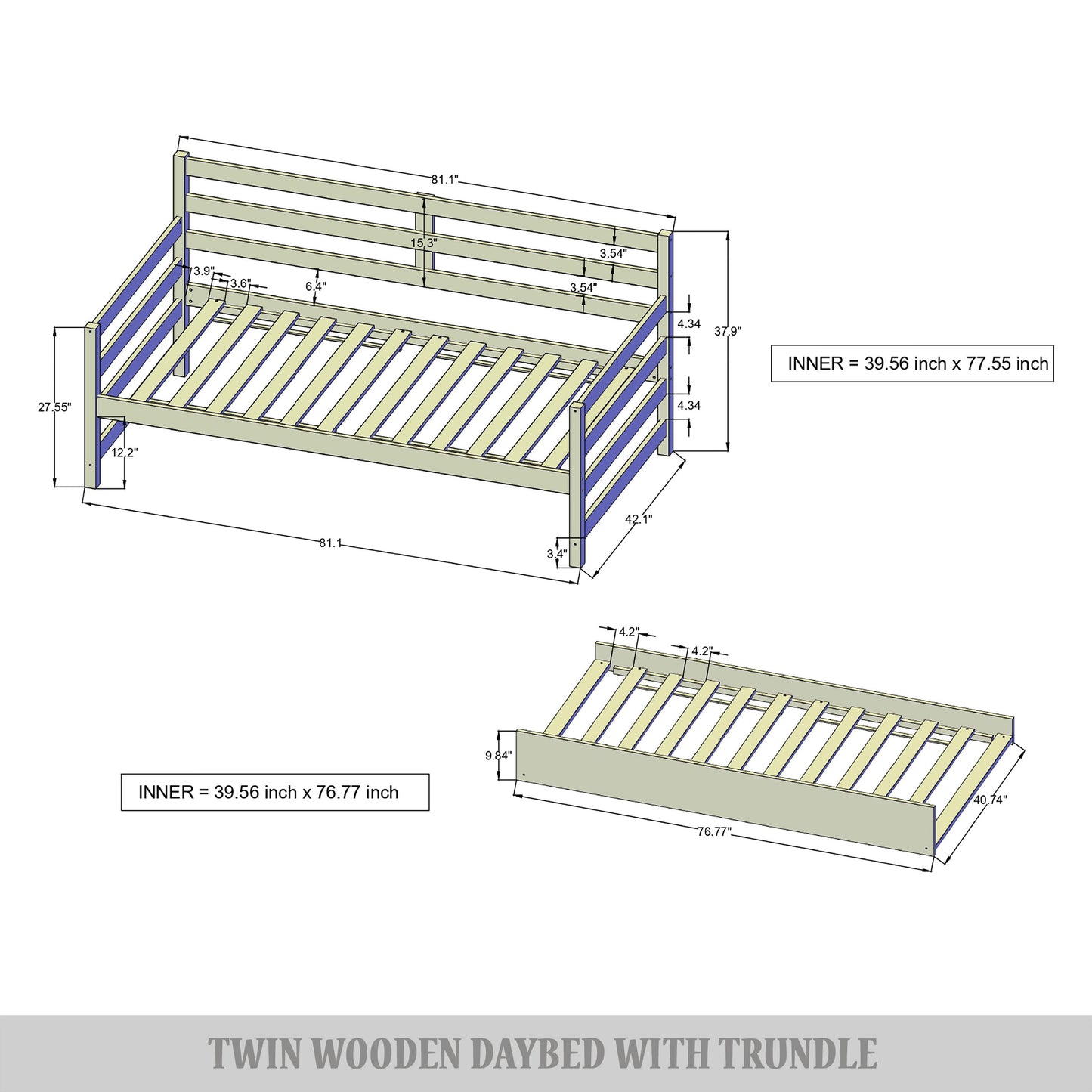 Oeds Rustic Wooden Twin Size Daybed With Trundle