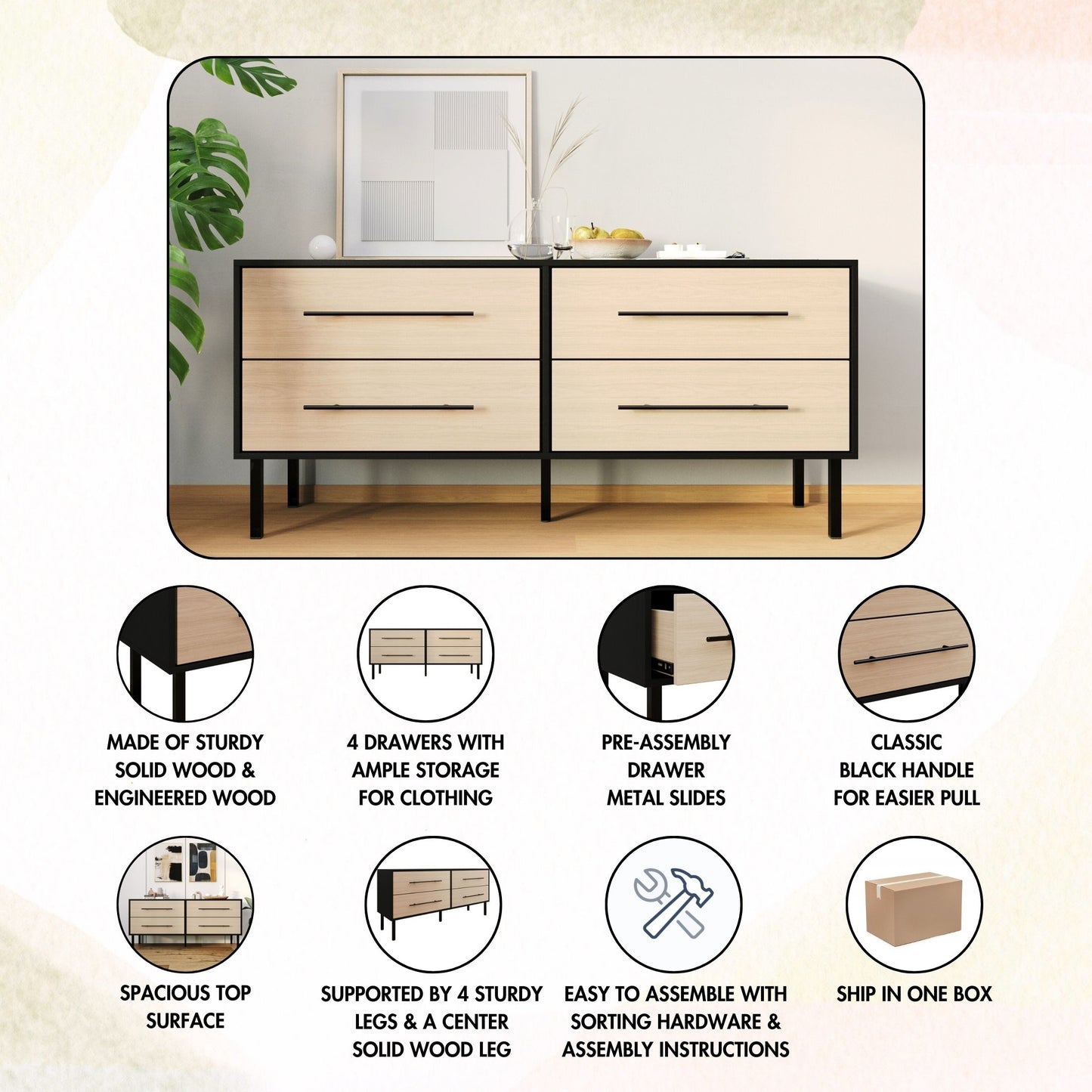 Keven 4-Drawers Wooden Dresser