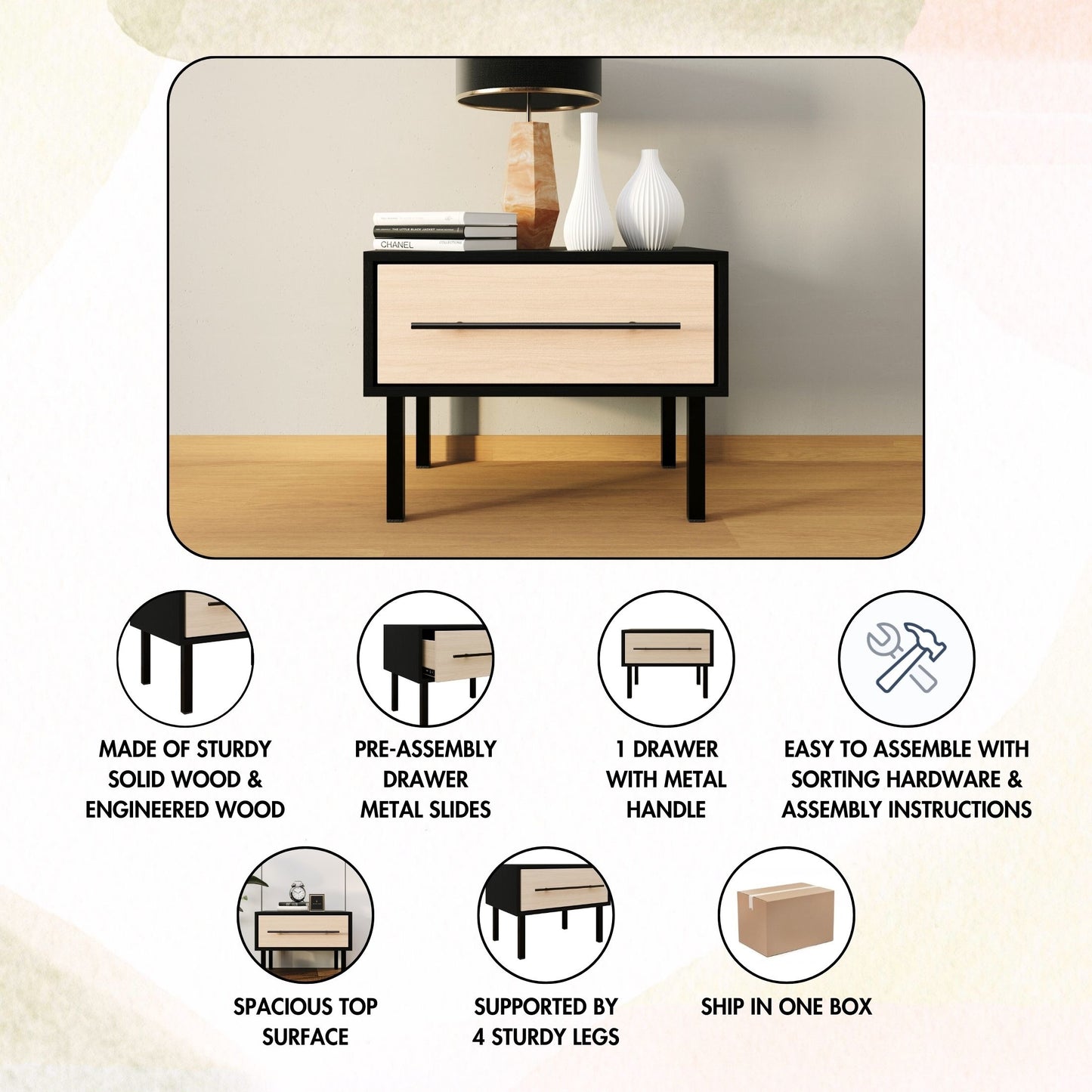 Keven 1-Drawer Wooden Nightstand