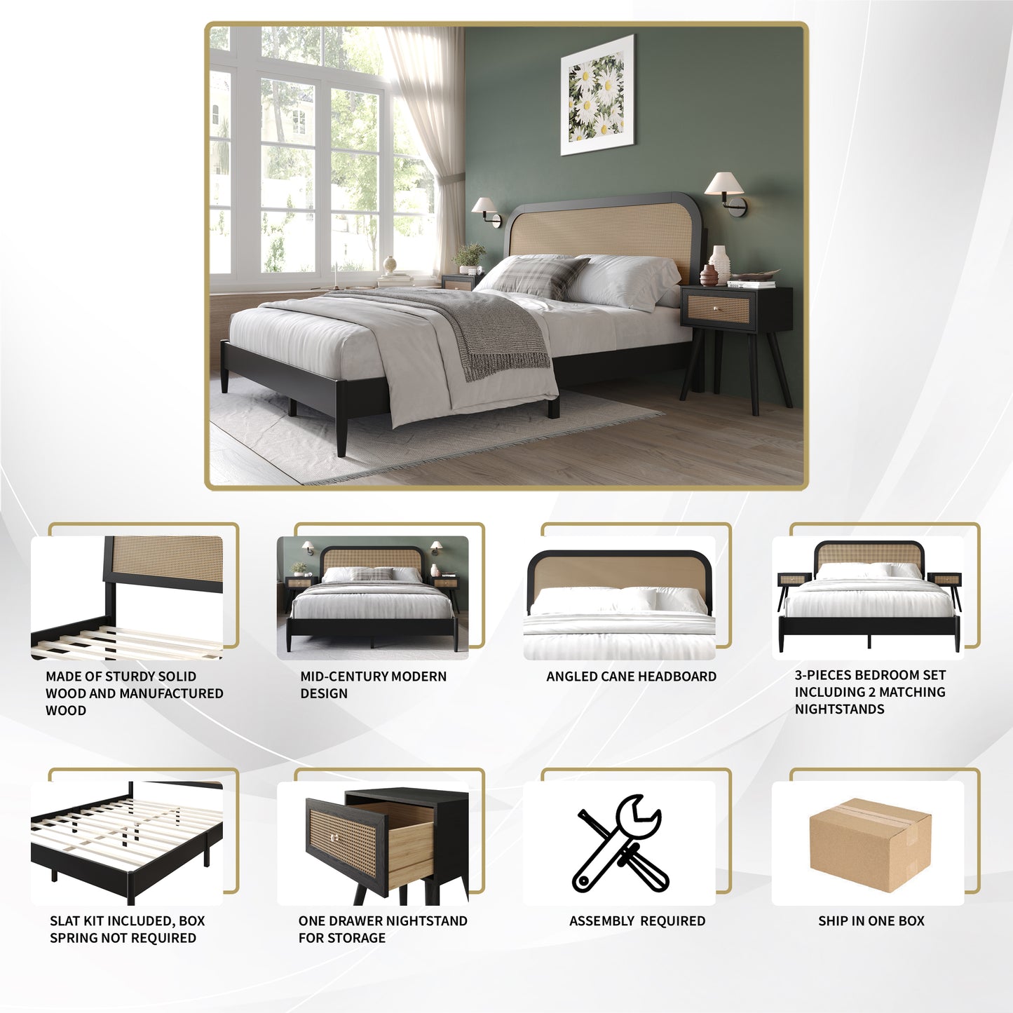 Townson Rustic Wooden Platform Bed with 2 Nightstand