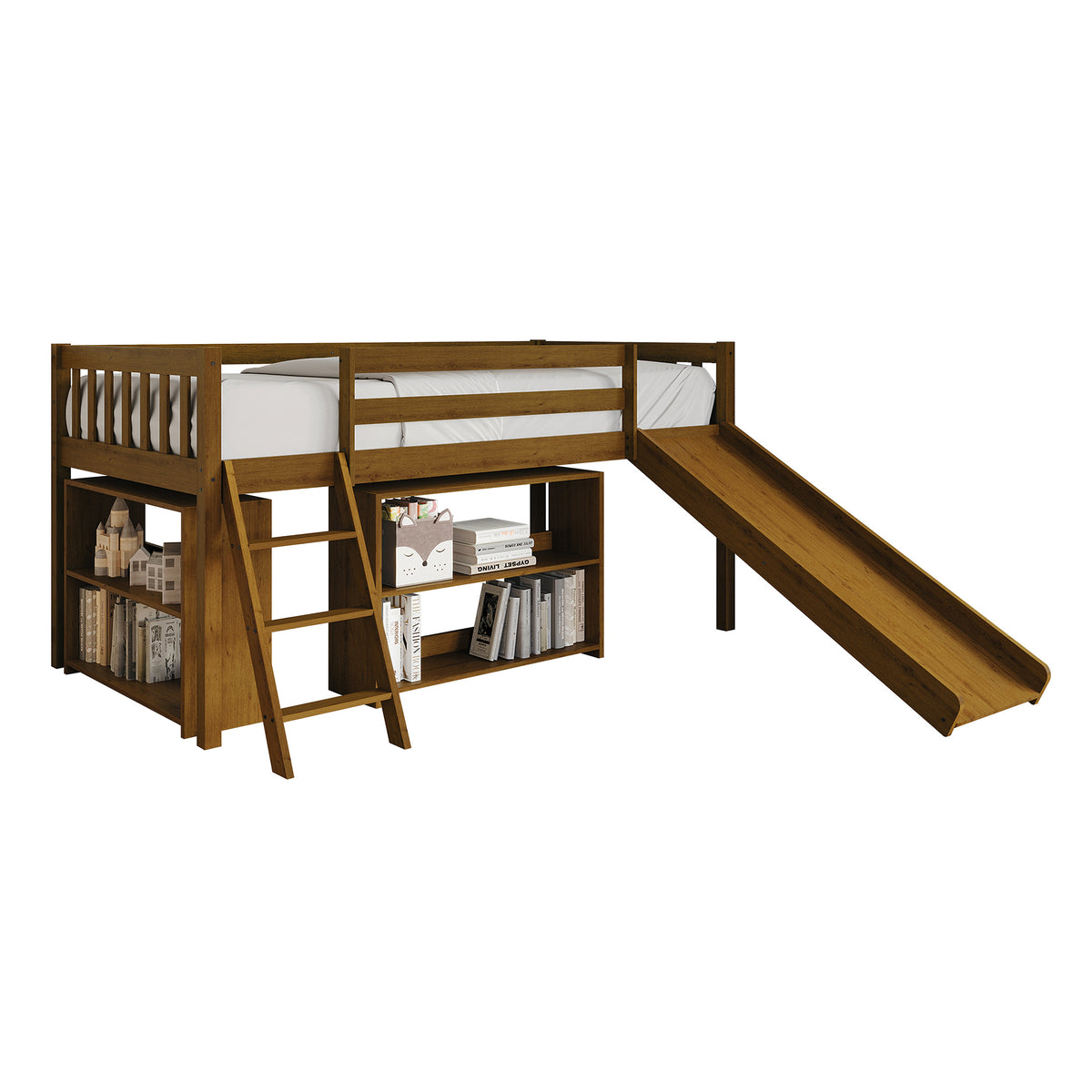 Low Loft Bed with Slide and Storage Shelves