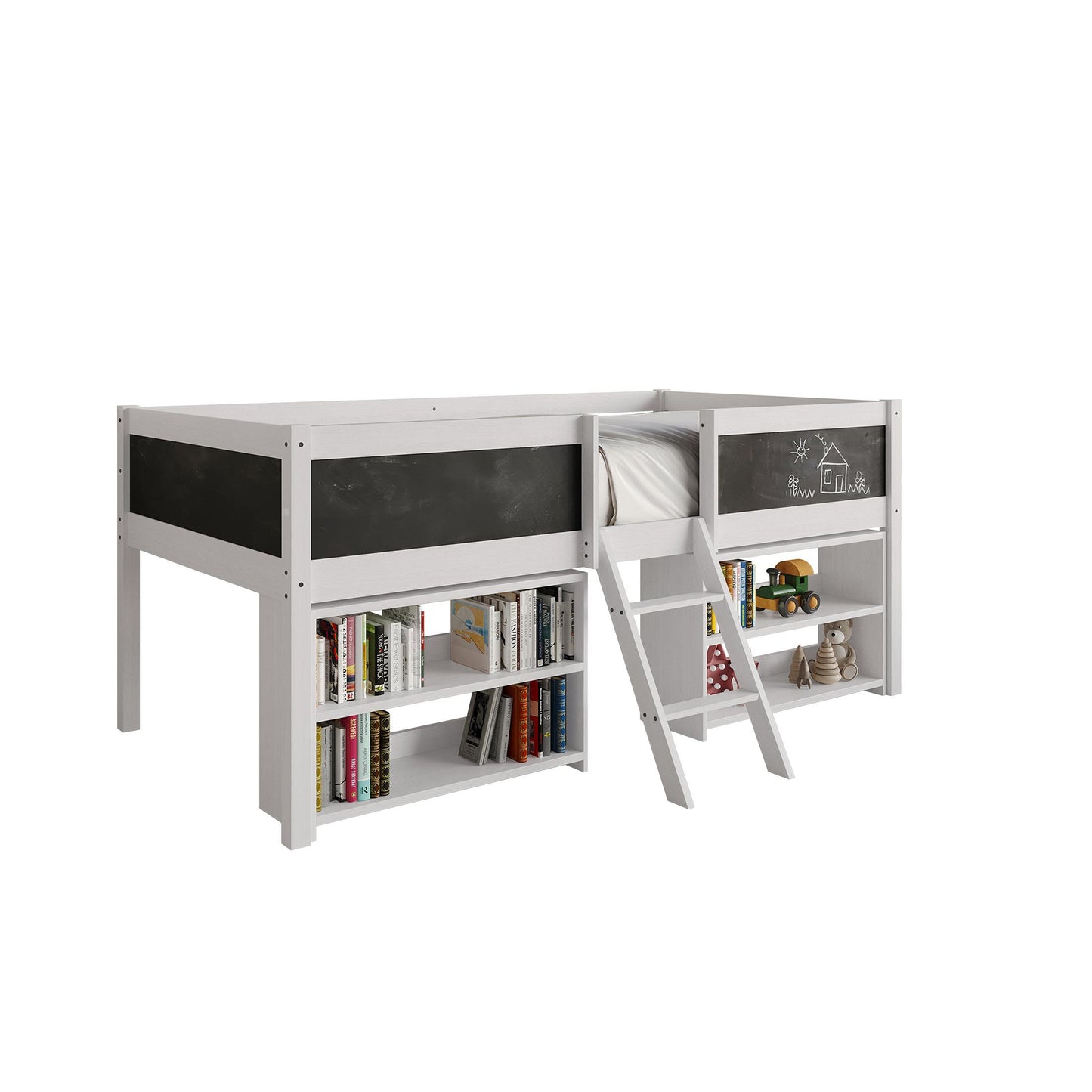 Low Loft Bed with Storage Shelves and Chalkboard Panels