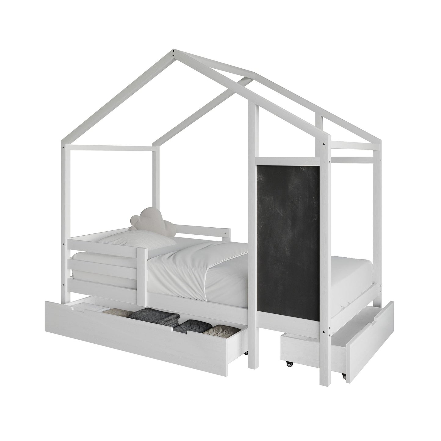 Wooden Canopy Bed with Storage Drawers and Chalkboard