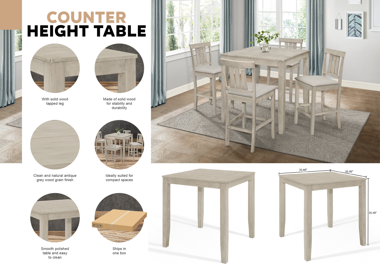 Brannon Clean-lines Counter Height Dining Table - Grey