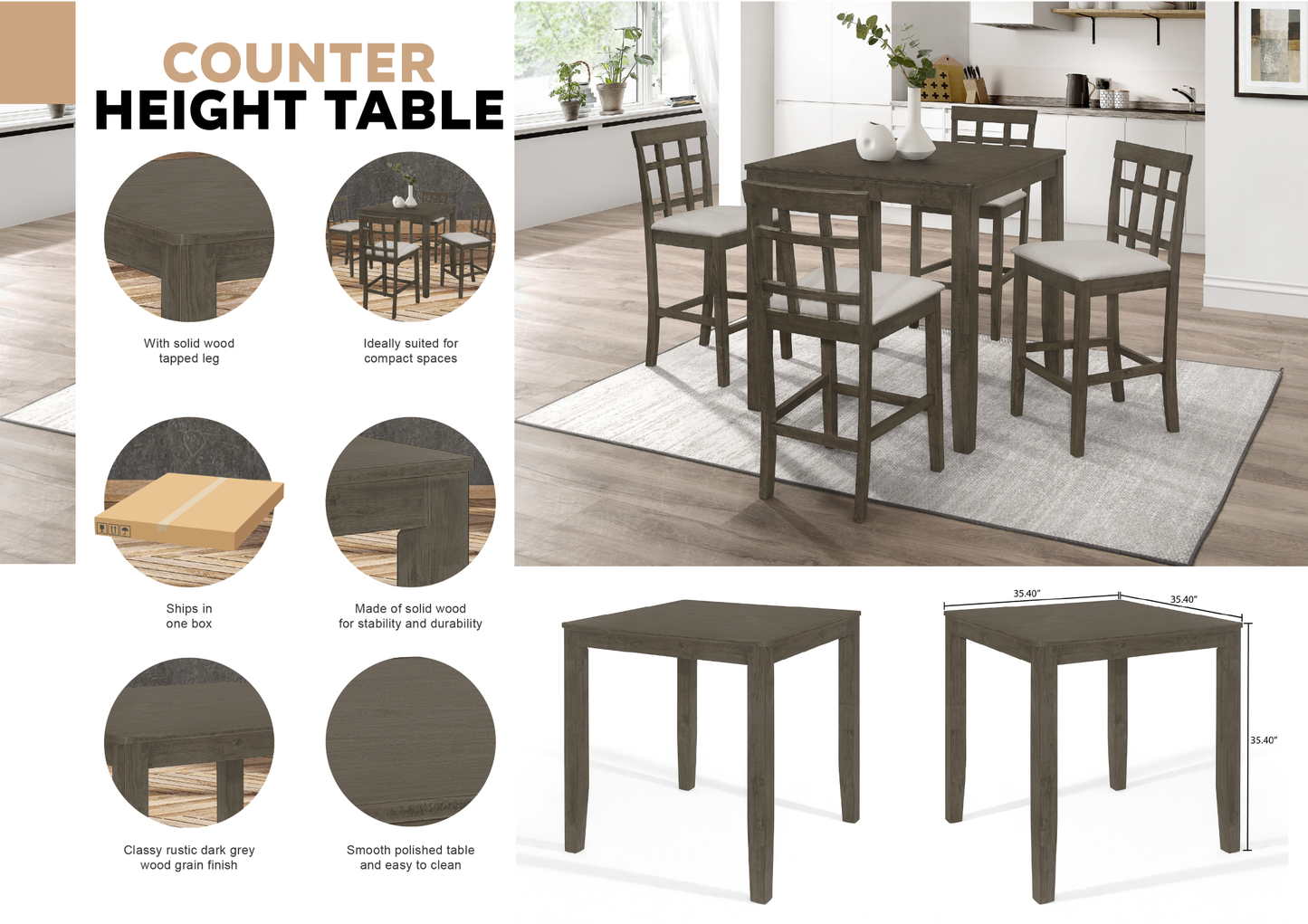 Chic Rustic Square Counter Height Dining Table - Grey