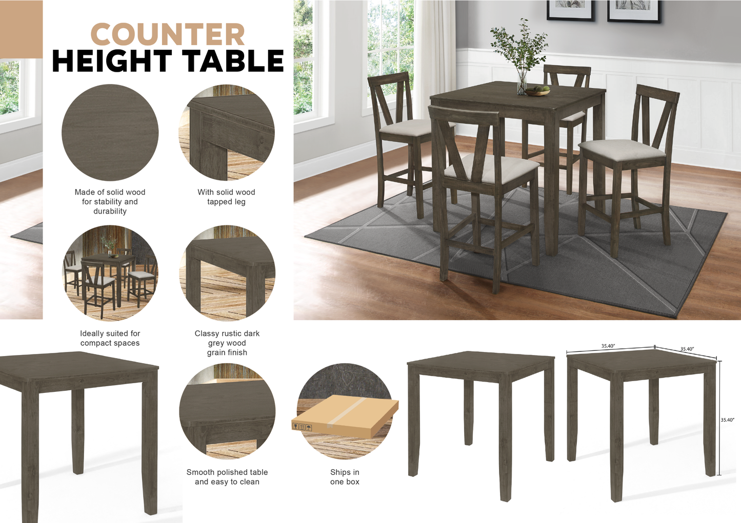 Vogue Classy Square Counter Height Dining Table - Grey