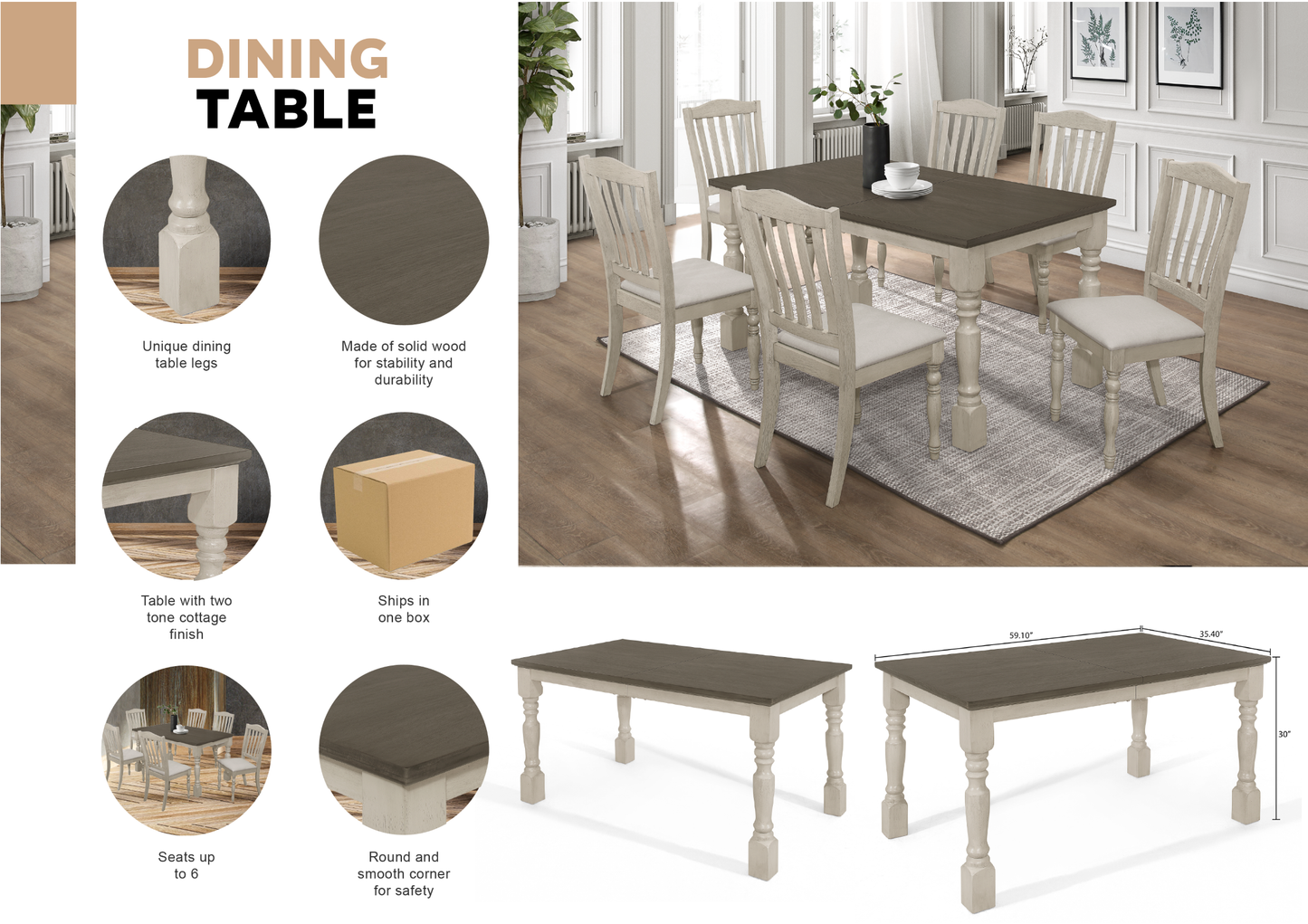 Azhani Mid-century Elegant Two-tone Dining Table - Grey