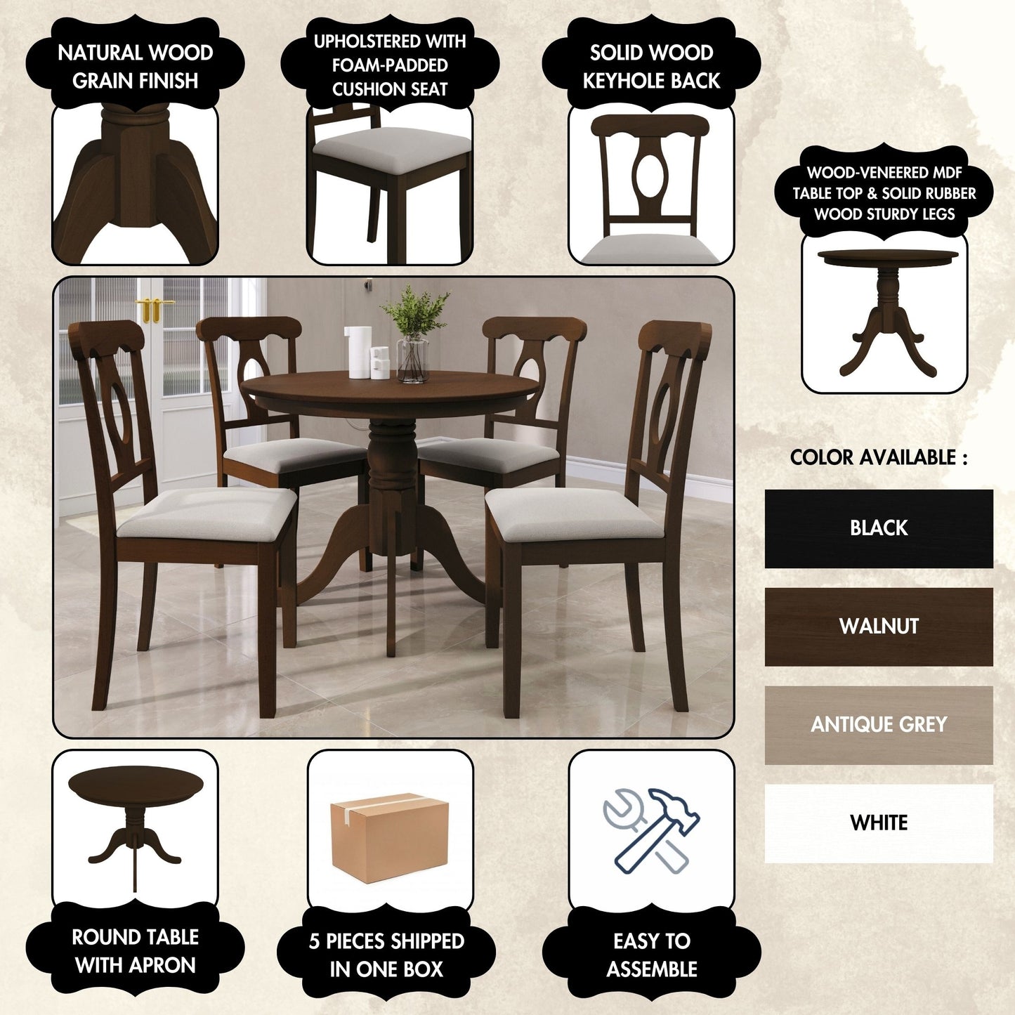 Rashika Mid-Century 5-piece Wooden Dining Set