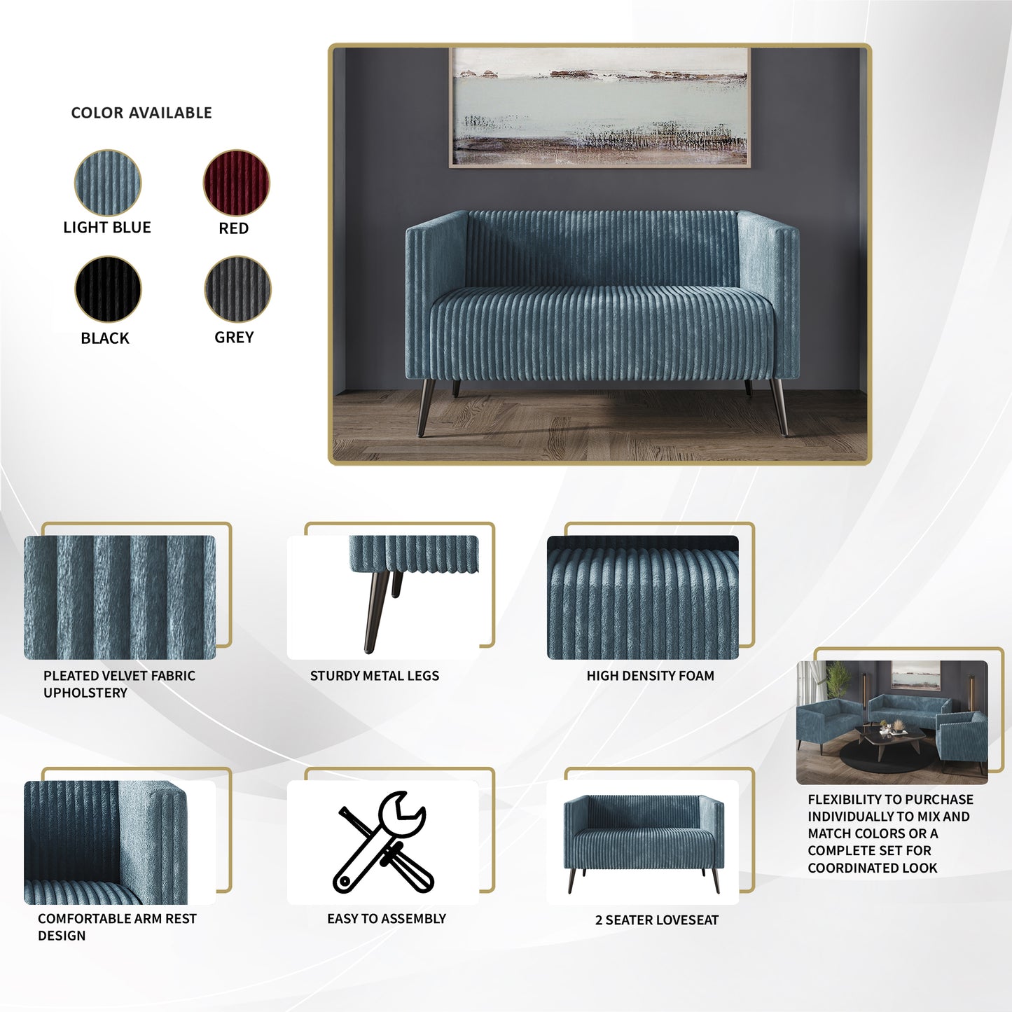 Schermick Modern and Glamorous Velvet Upholstered Loveseat