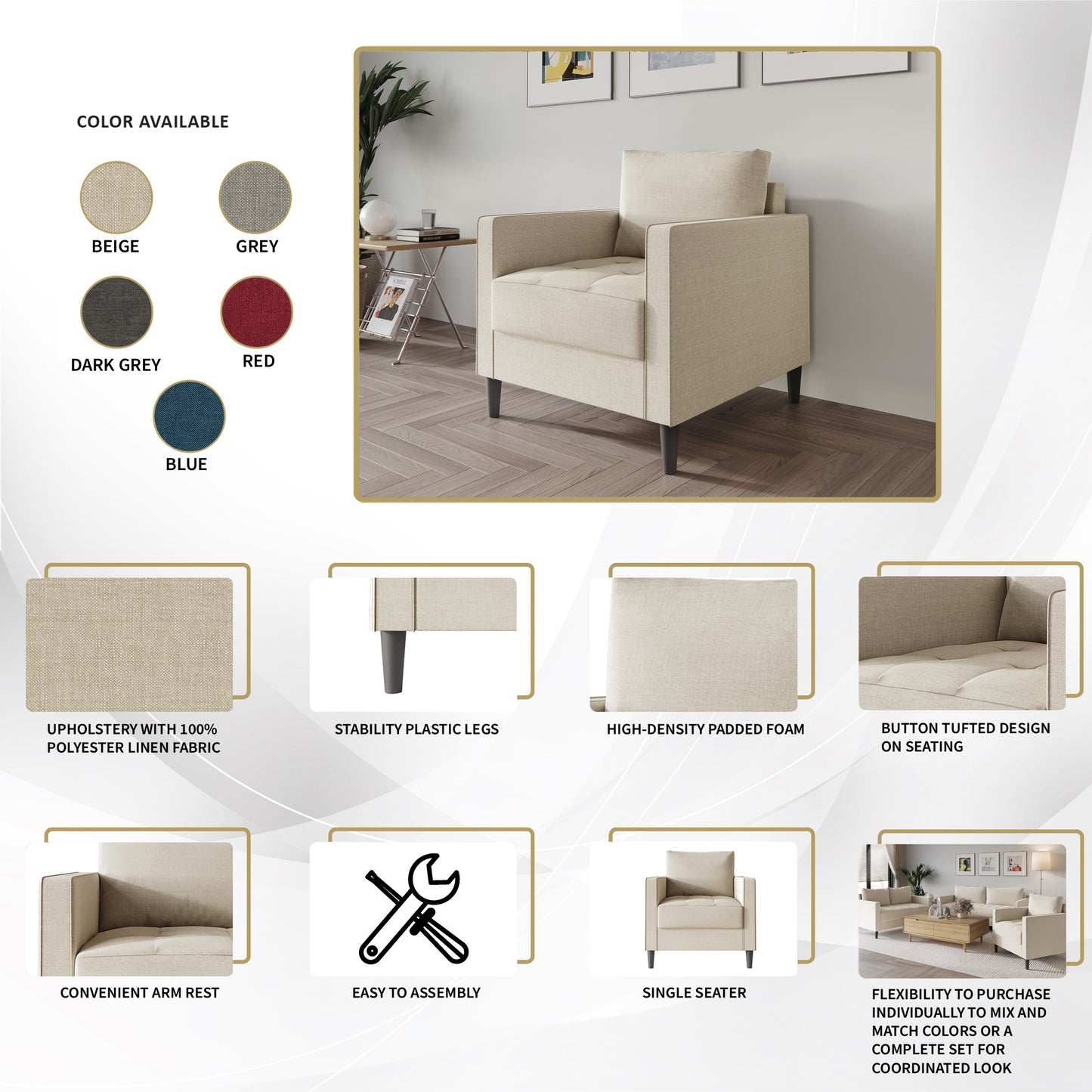 Newquay Minimalist Linen Upholstered Arm Chair
