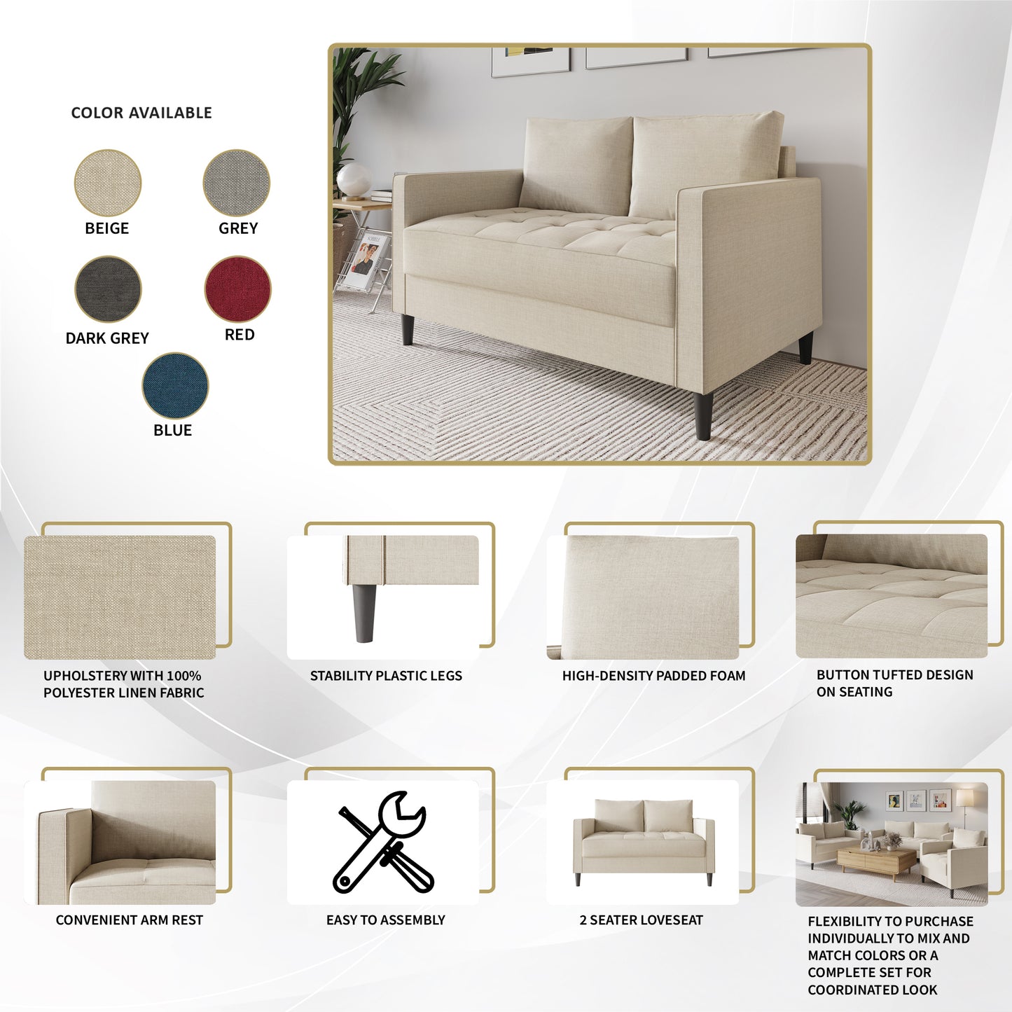 Newquay Minimalist Linen Upholstered Loveseat