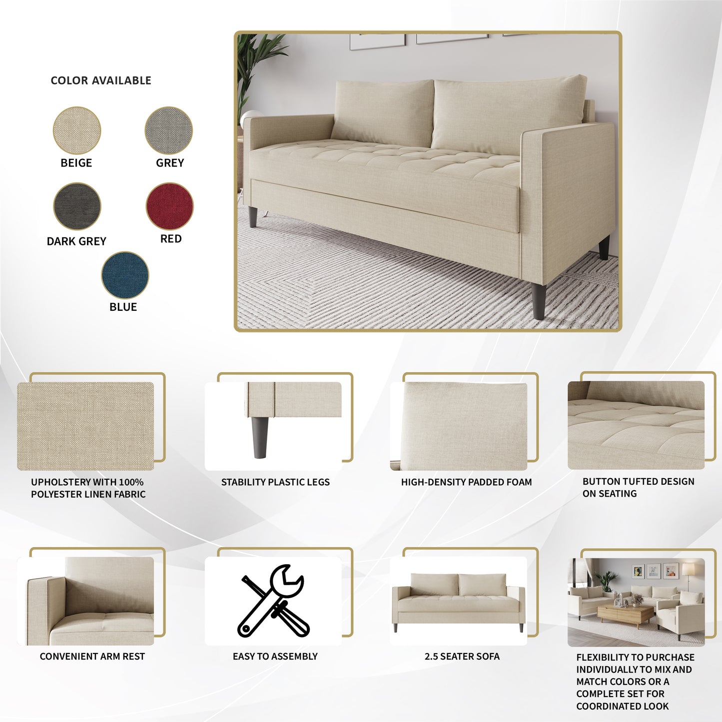Newquay Minimalist Linen Upholstered Sofa
