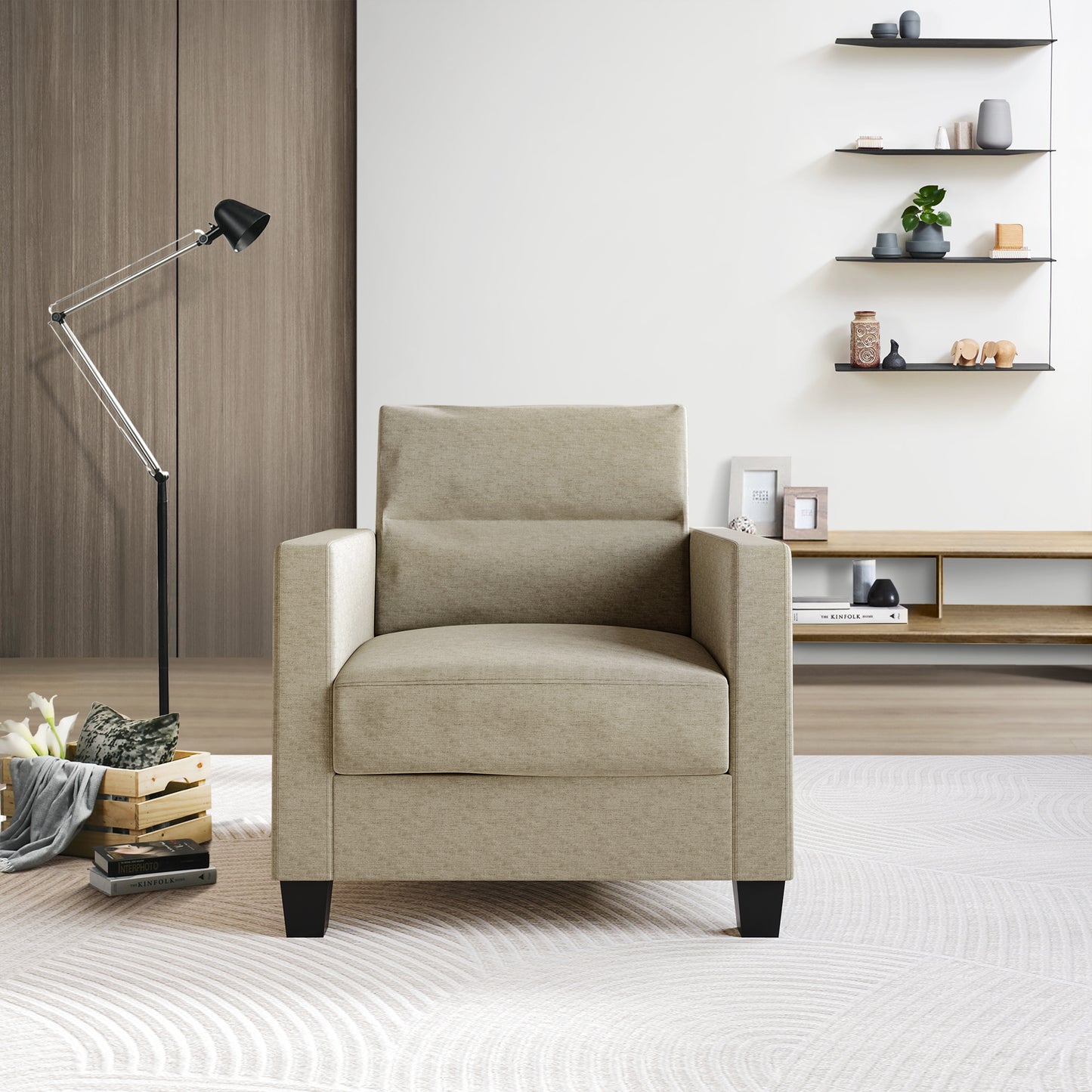 Macy Clean and Minimalist Linen Upholstered Arm Chair