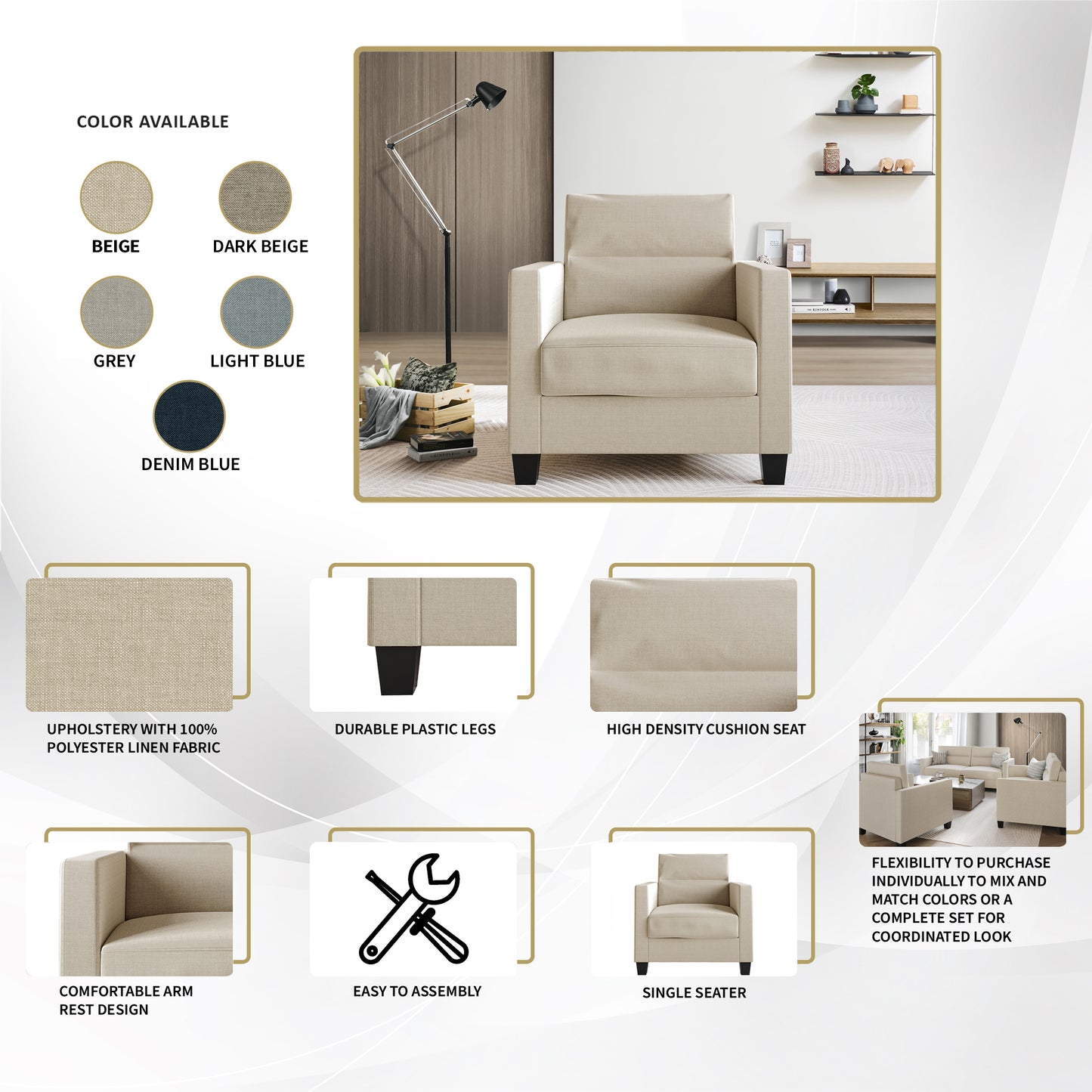 Macy Clean and Minimalist Linen Upholstered Arm Chair