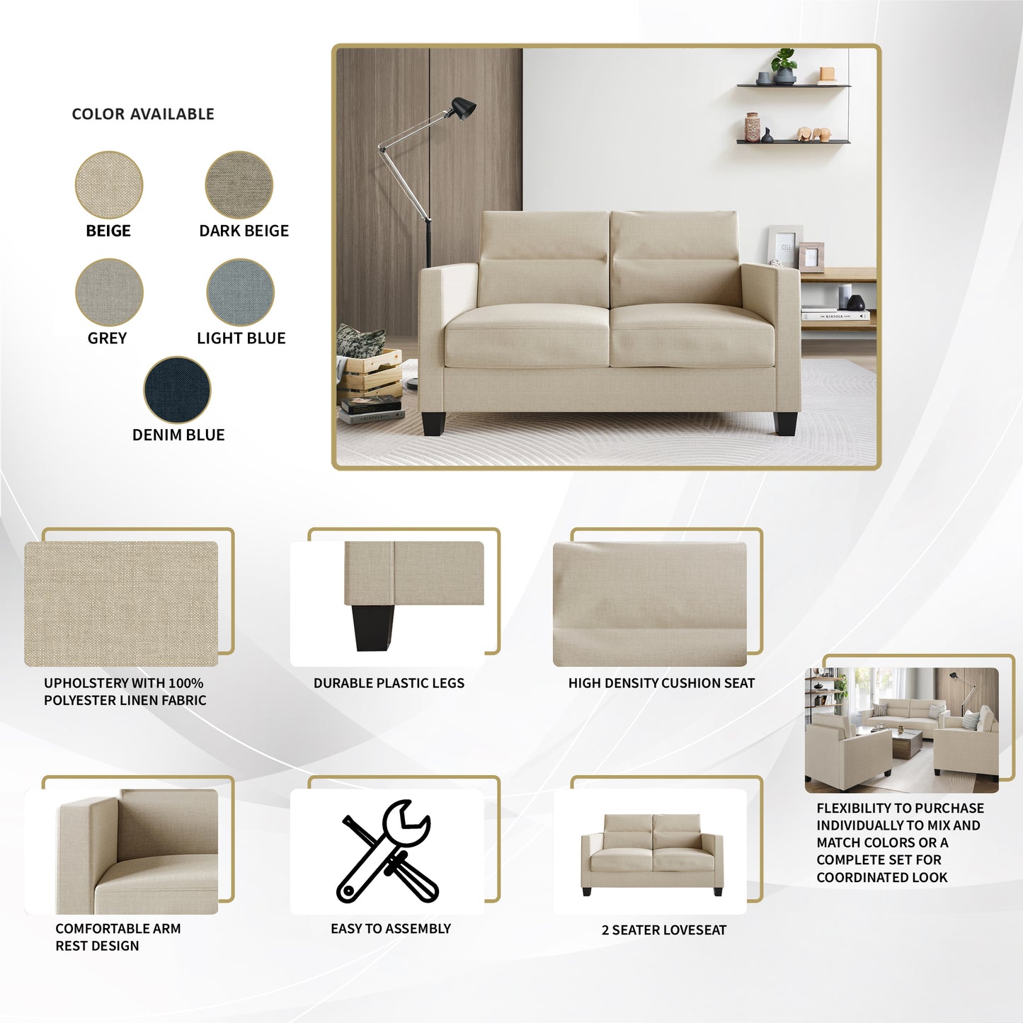 Macy Clean and Minimalist Linen Upholstered Loveseat