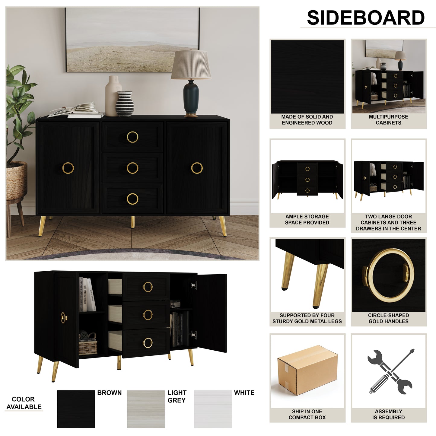 LuxeHavin Sideboard with Drawers & Gold Handles