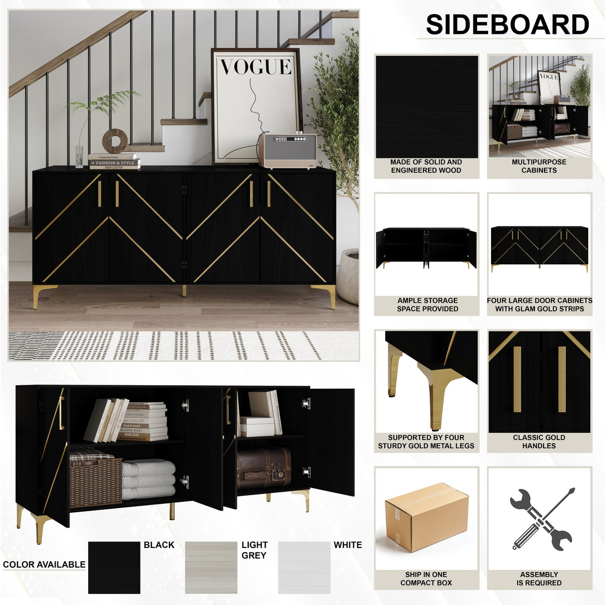 Sophisty Buffet Cabinet with Gold Trim