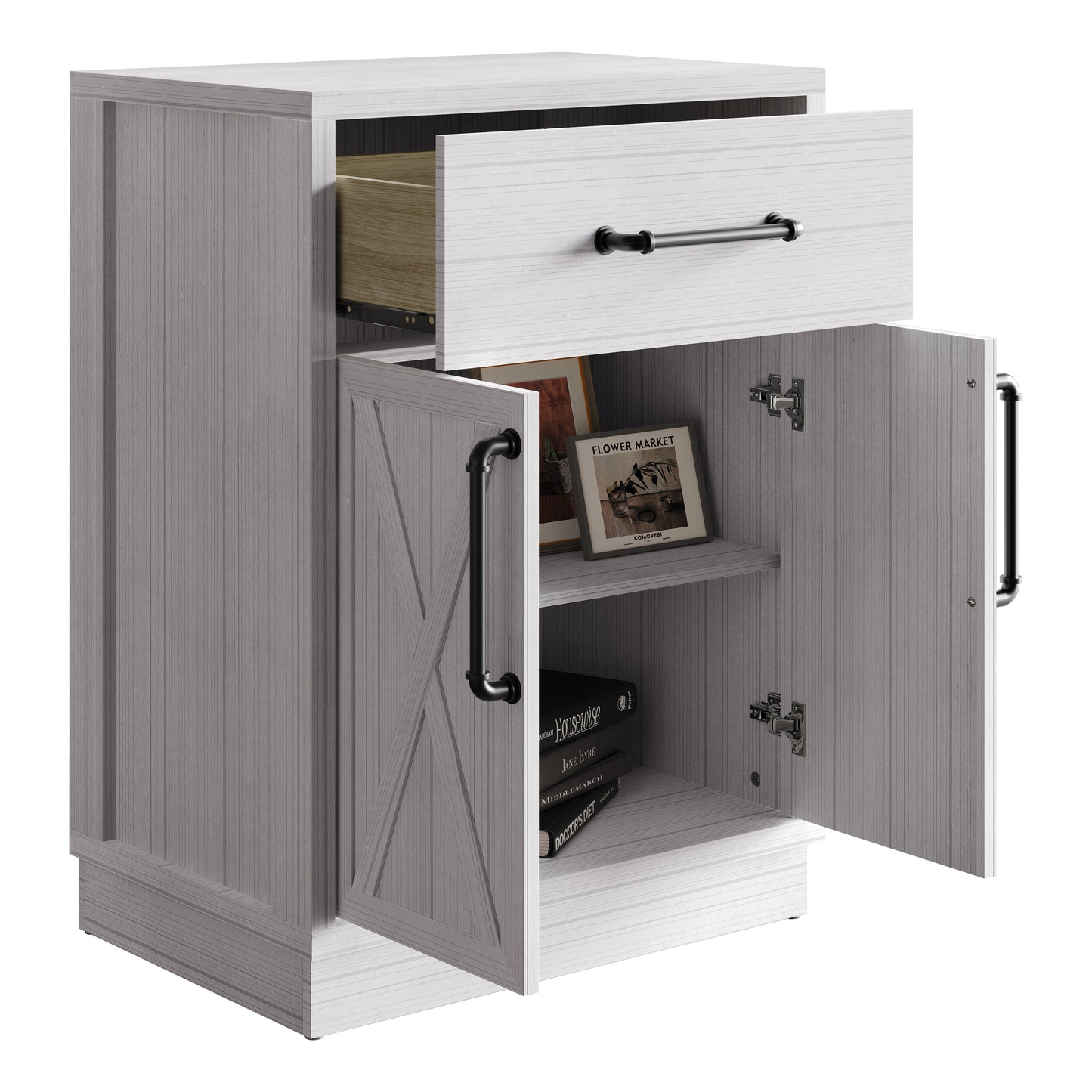 Alvera Modern Wooden Storage Cabinet with Drawer and X-Accent Doors