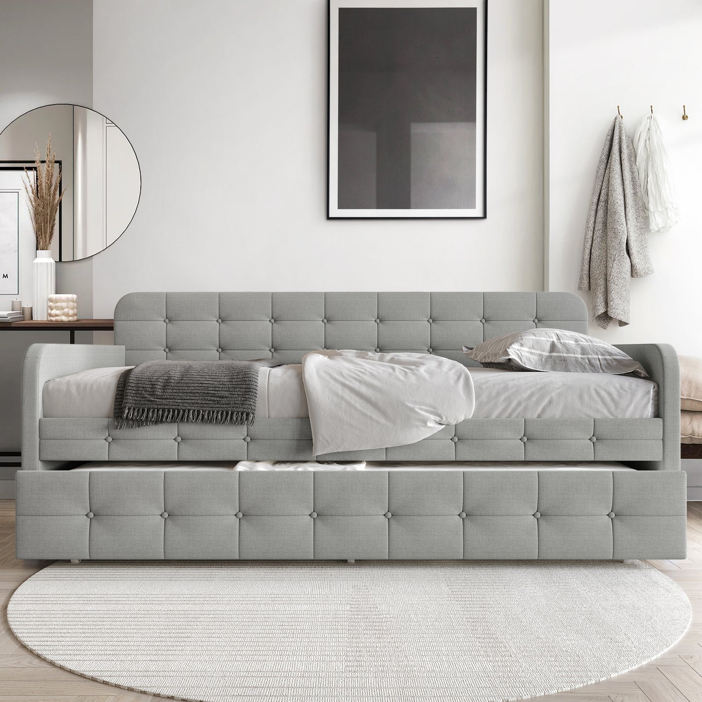 Friedlenchen Button-Tufted Twin Size Upholstered Daybed With Trundle