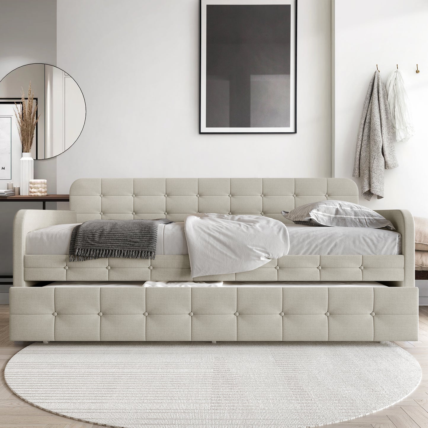 Friedlenchen Button-Tufted Twin Size Upholstered Daybed With Trundle