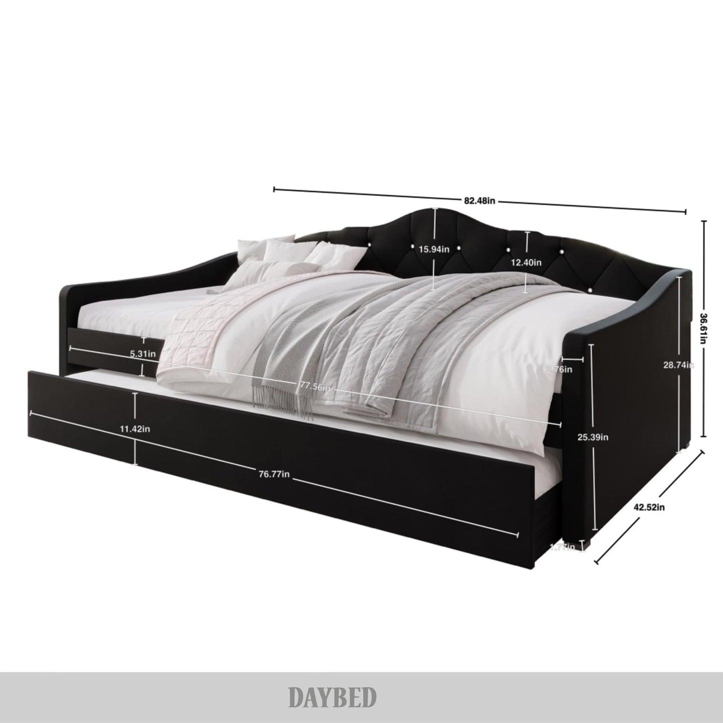 Caitronia Velvet, Crystal Button Tufted Twin Daybed with Trundle