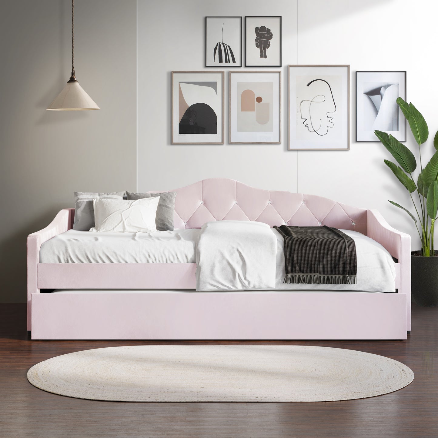 Caitronia Velvet, Crystal Button Tufted Twin Daybed with Trundle