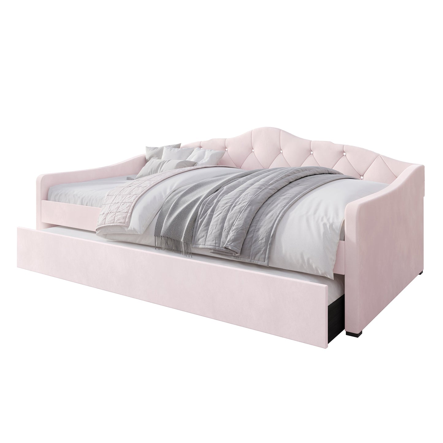 Caitronia Velvet, Crystal Button Tufted Twin Daybed with Trundle