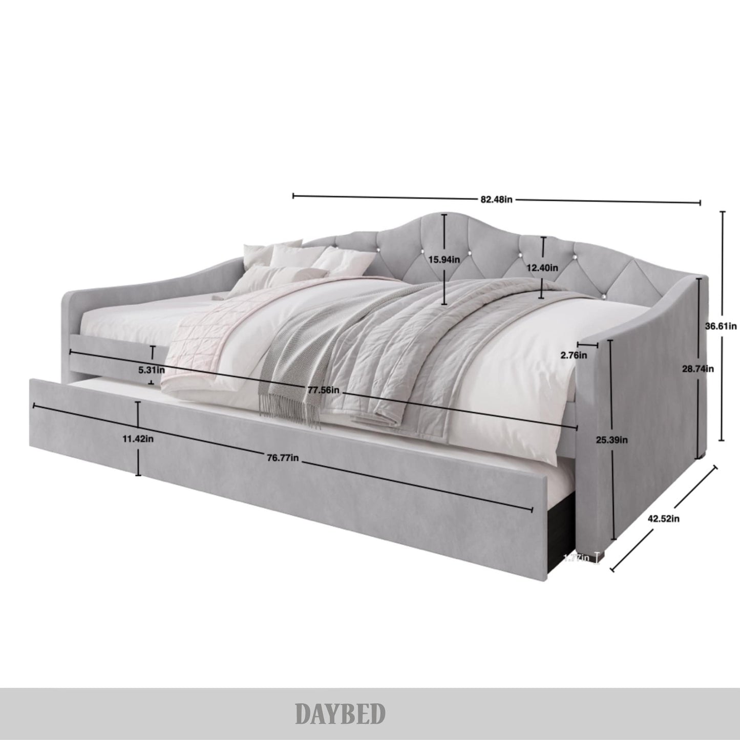 Caitronia Velvet, Crystal Button Tufted Twin Daybed with Trundle