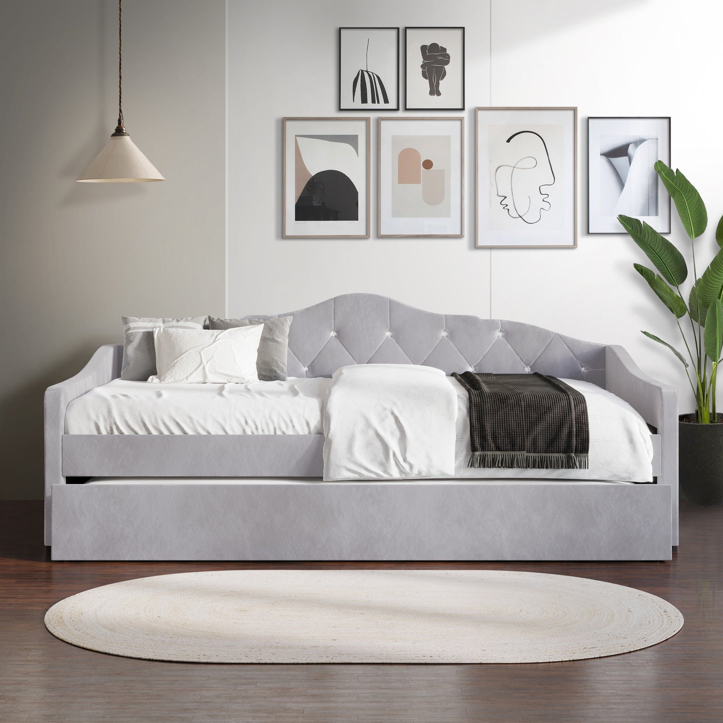 Caitronia Velvet, Crystal Button Tufted Twin Daybed with Trundle