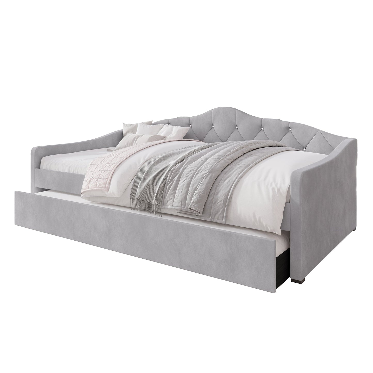 Caitronia Velvet, Crystal Button Tufted Twin Daybed with Trundle