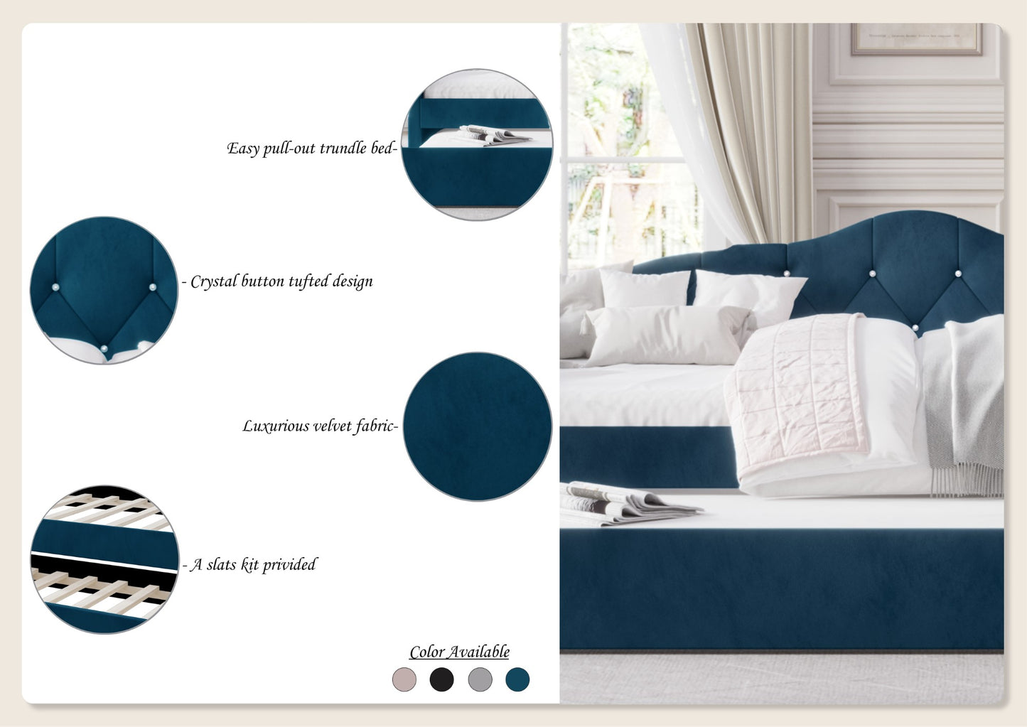 Caitronia Velvet, Crystal Button Tufted Twin Daybed with Trundle