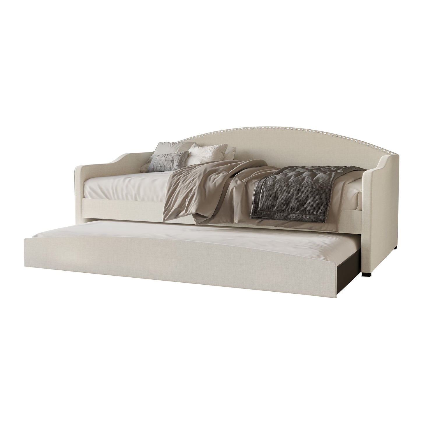 Caitronia Mid-Century Linen Upholstered Twin Daybed with Trundle