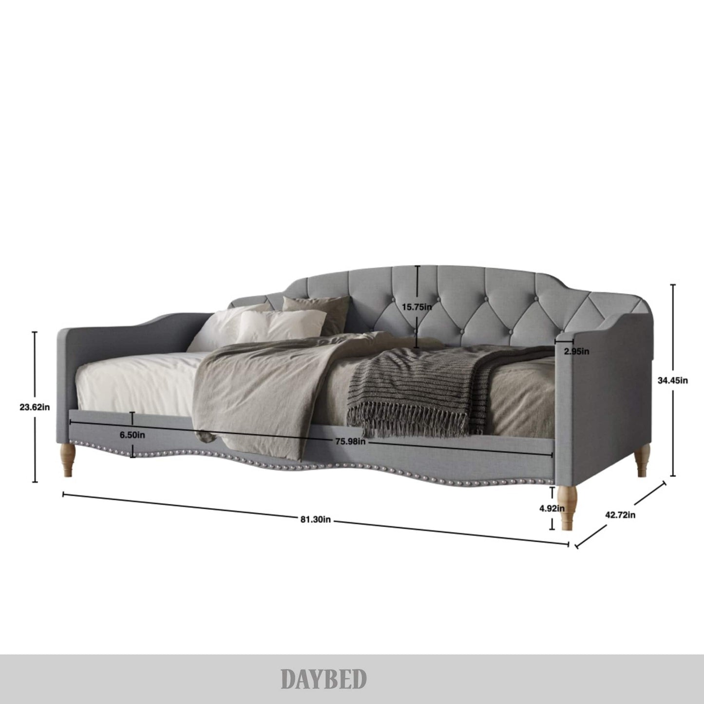 Clotee Modern Linen Nailhead Button Tufted Twin Daybed