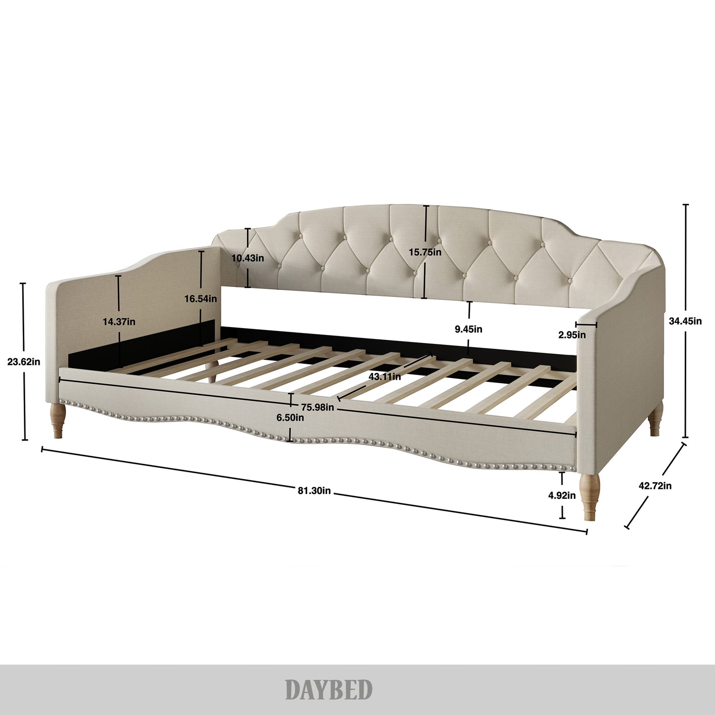 Clotee Modern Linen Nailhead Button Tufted Twin Daybed