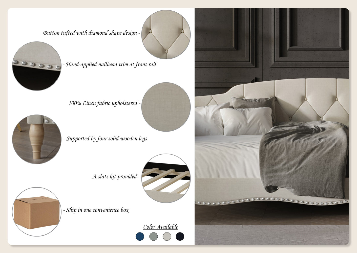 Clotee Modern Linen Nailhead Button Tufted Twin Daybed