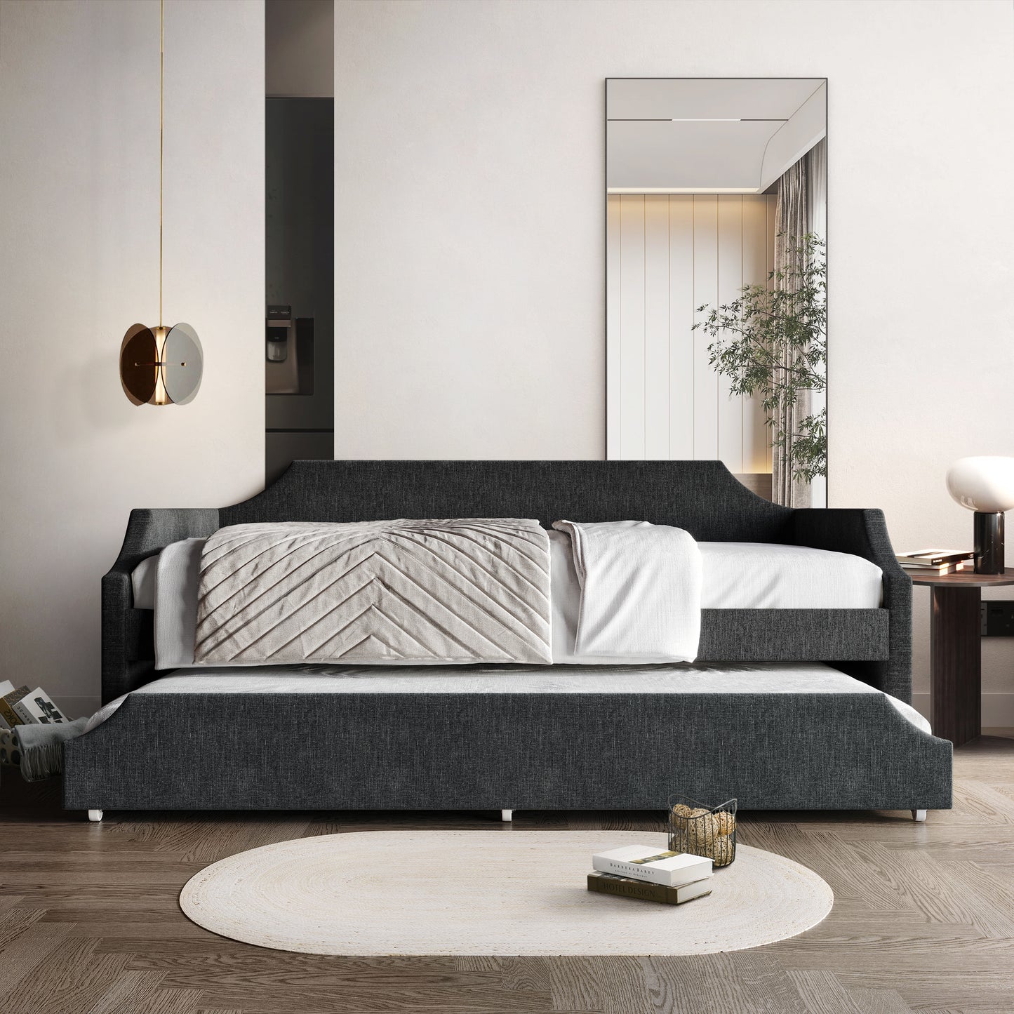 Pauleth Linen Upholstered Twin Size Daybed with Trundle