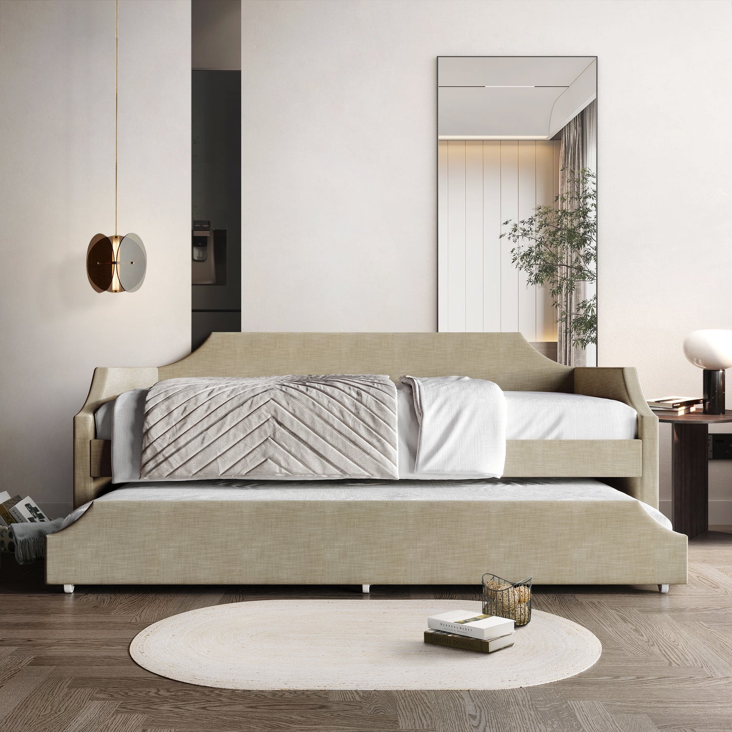 Pauleth Linen Upholstered Twin Size Daybed with Trundle