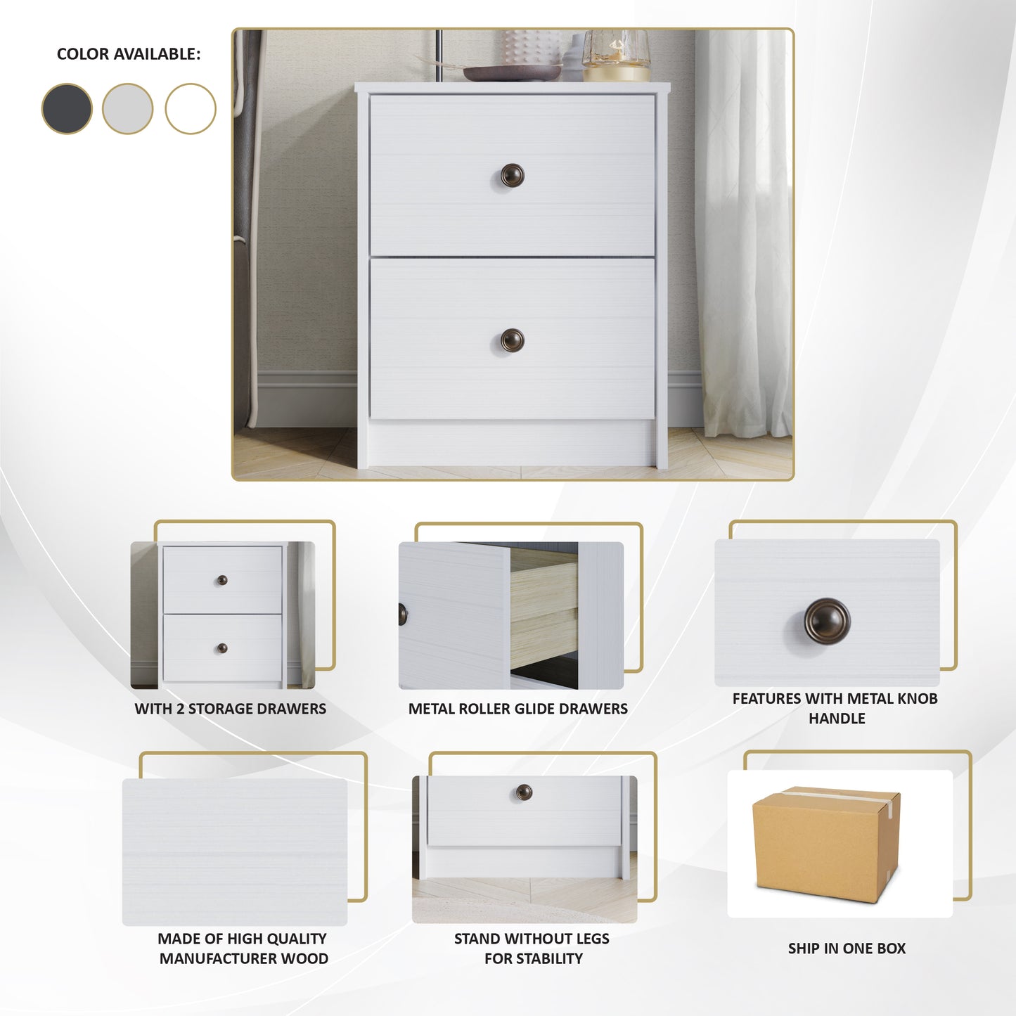 Erlend Clean-Lines Minimalist 2-Drawer Nightstand