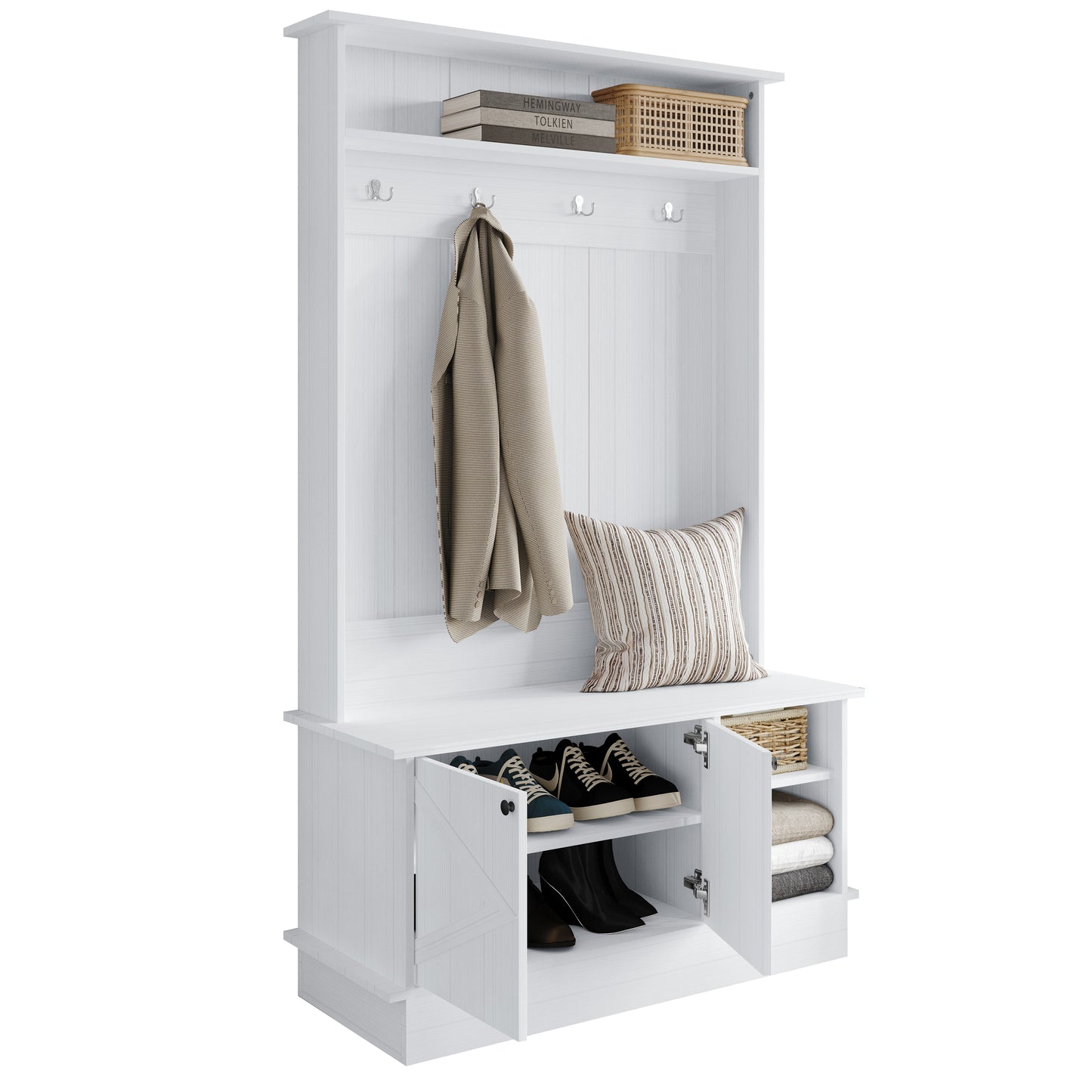 Hall Tree with Storage Cabinet, Bench, Shelves & Hooks