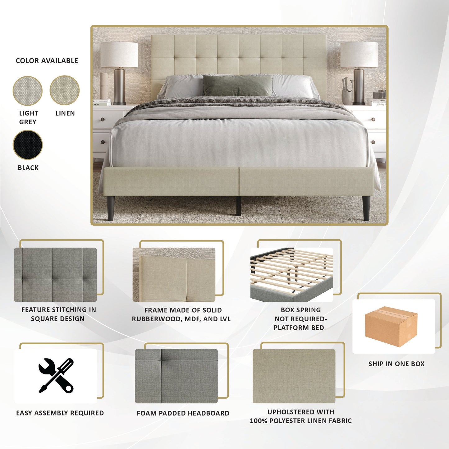 Kearn Clean-Lines Stitching Linen Upholstered Bed