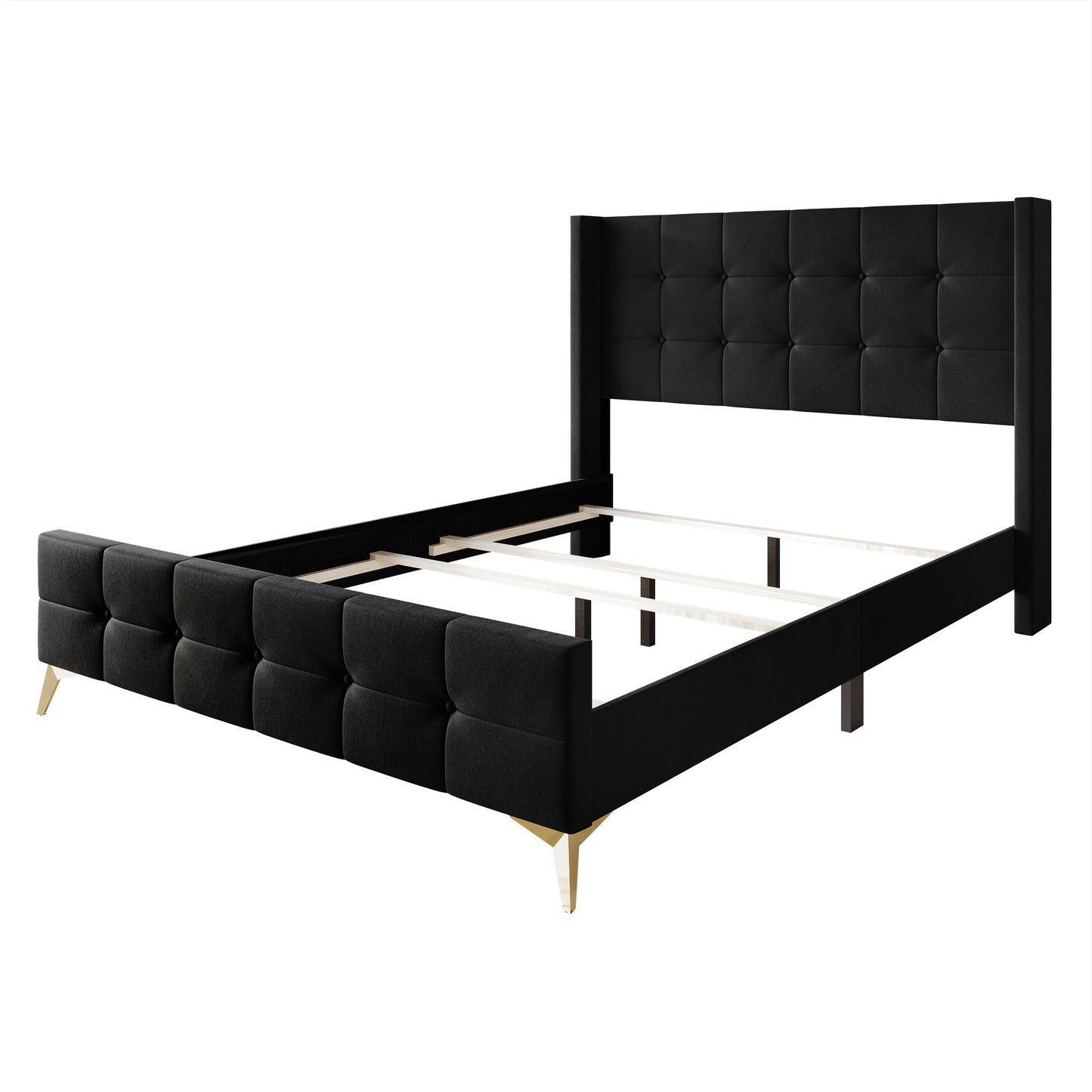 Karmane Square Button-Tufted Wingback Velvet Upholstered Bed